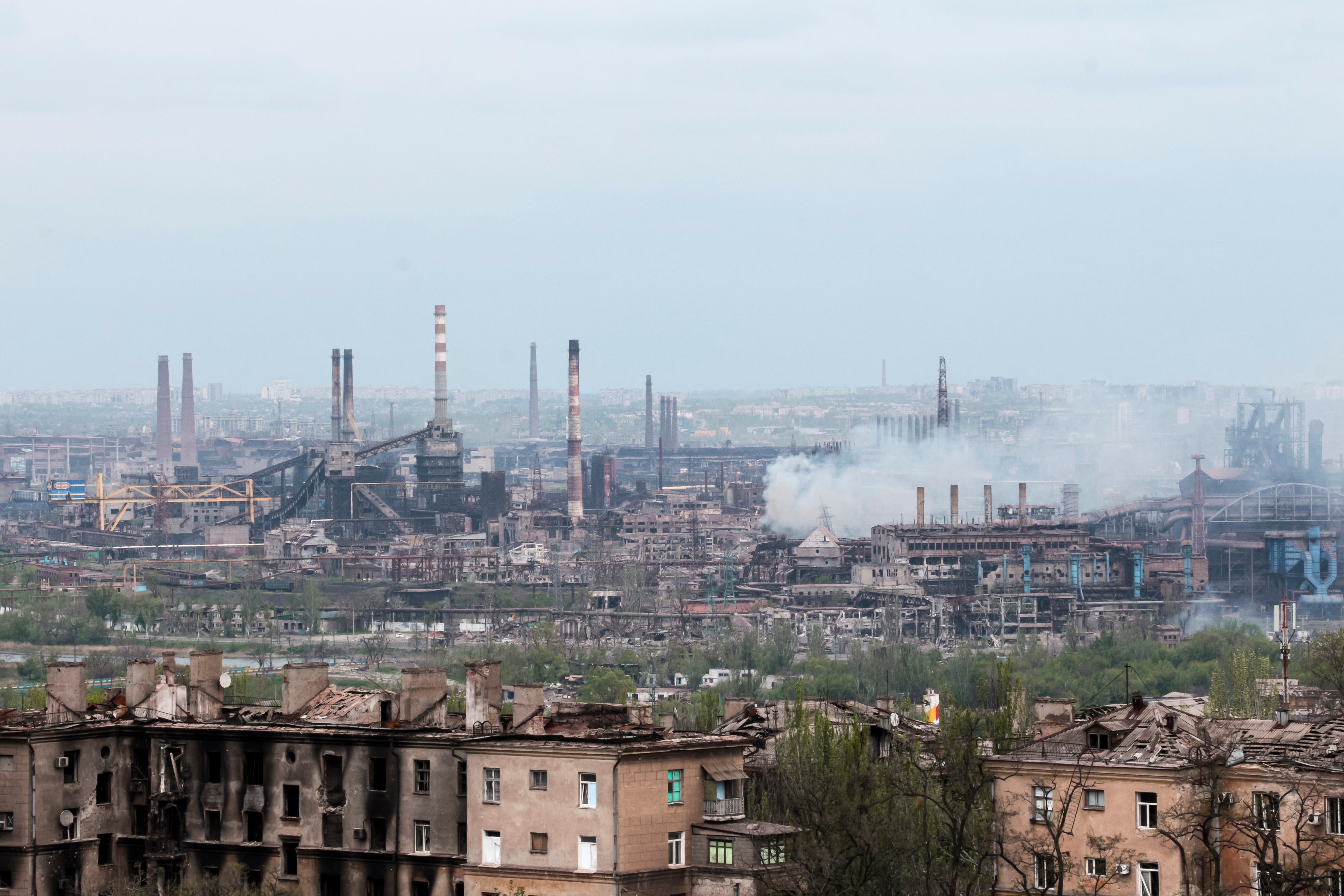 Smoke rises from the Metallurgical Combine Azovstal in Mariupol