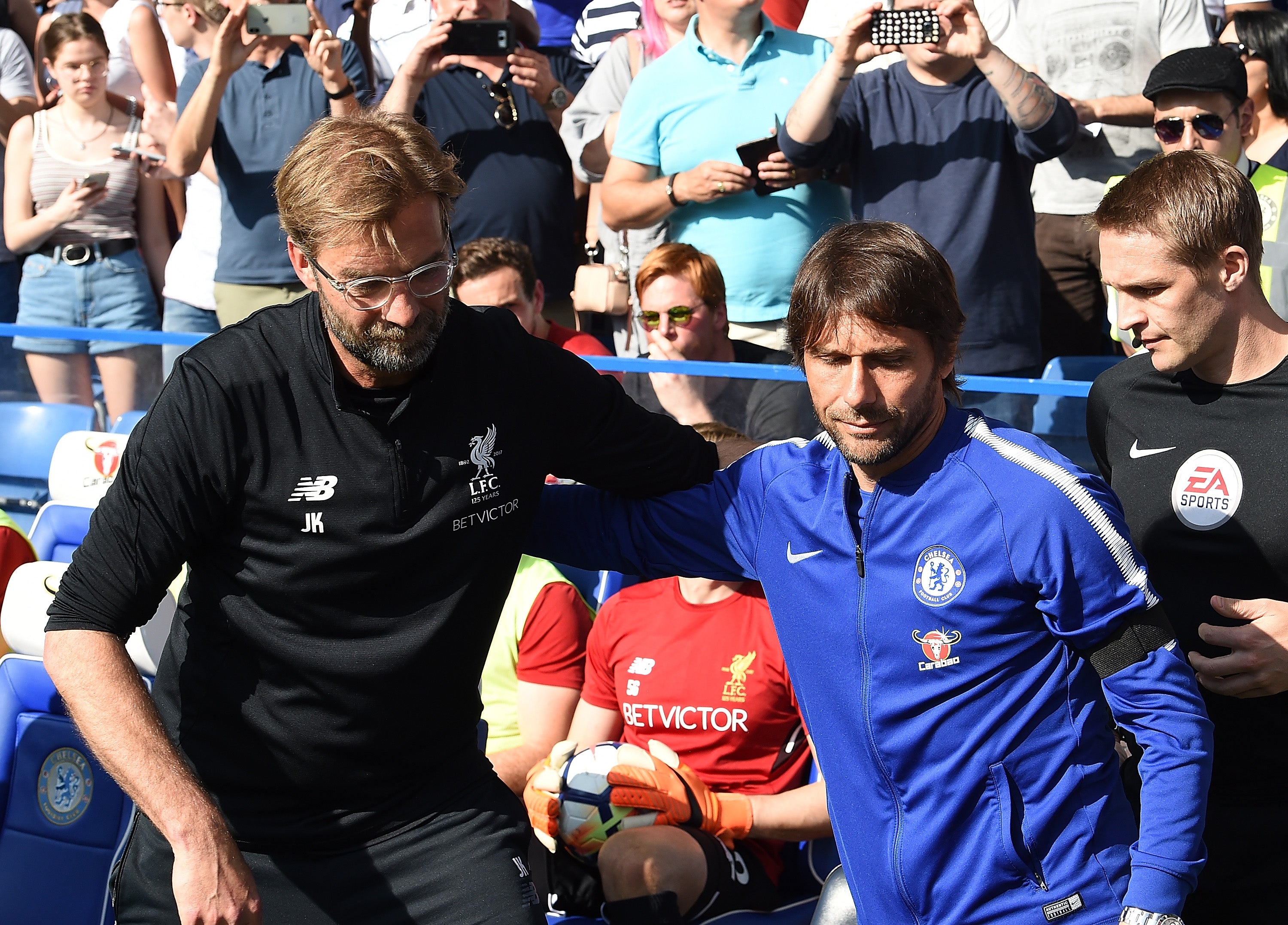 Jurgen Klopp Manager of Liverpool with Antonio Conte, during his time at Chelsea