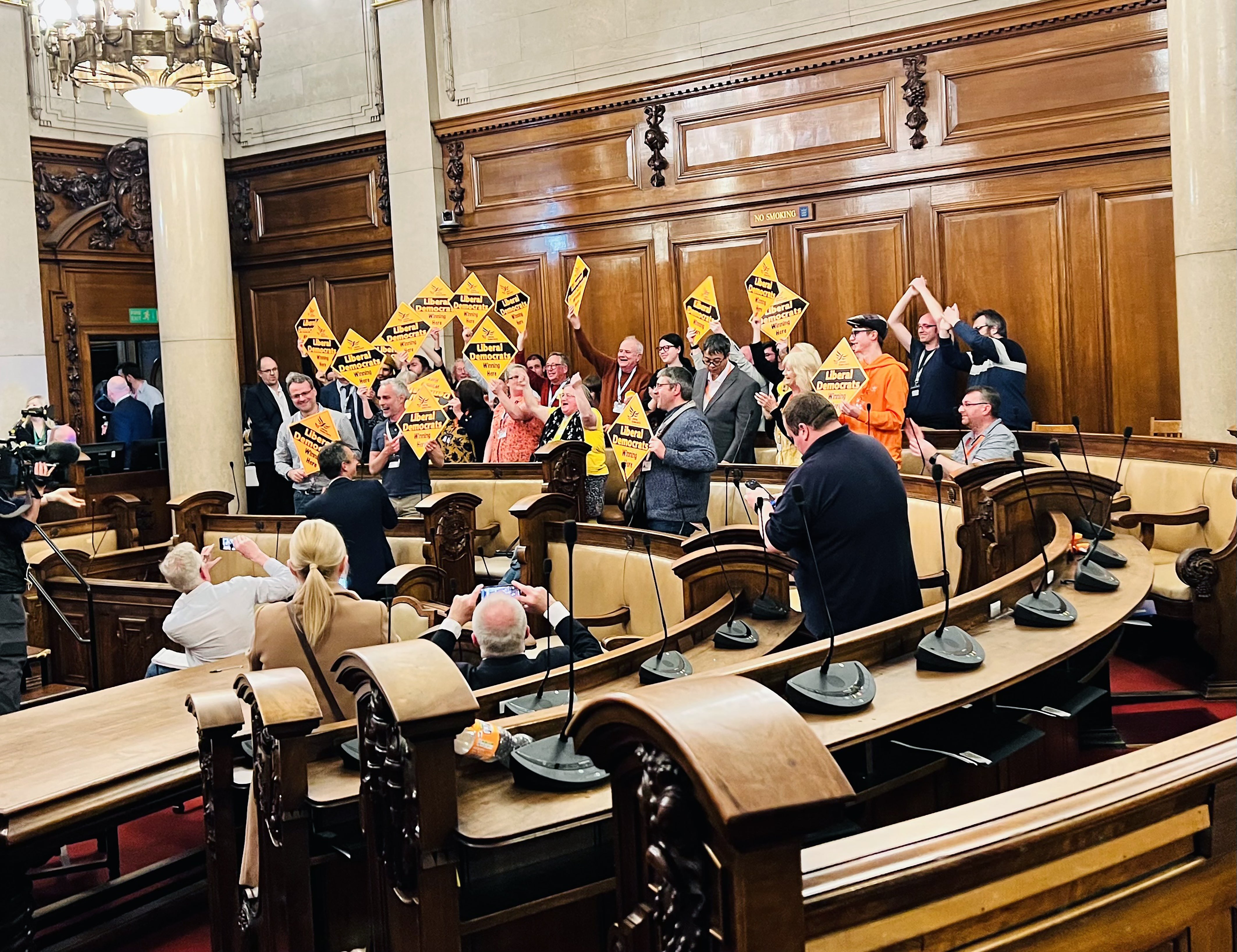 Liberal Democrats celebrate at the Guildhall after winning control of Hull City Council (Chris Attridge/PA)