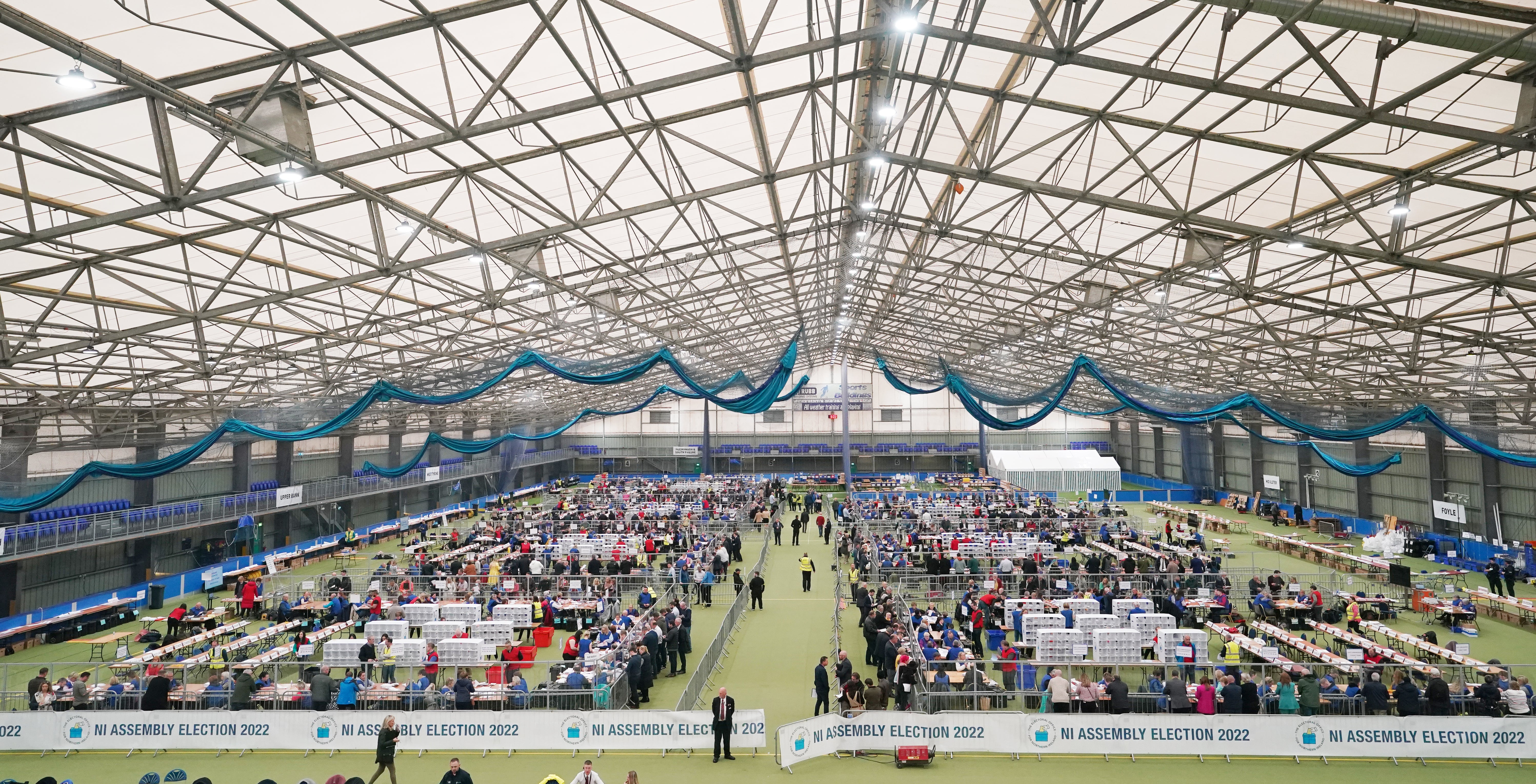 A general view of votes being counted at the Northern Ireland Assembly Election count centre at Meadowbank Sports arena in Magherafelt in Co County Londonderry (Niall Carson/PA)