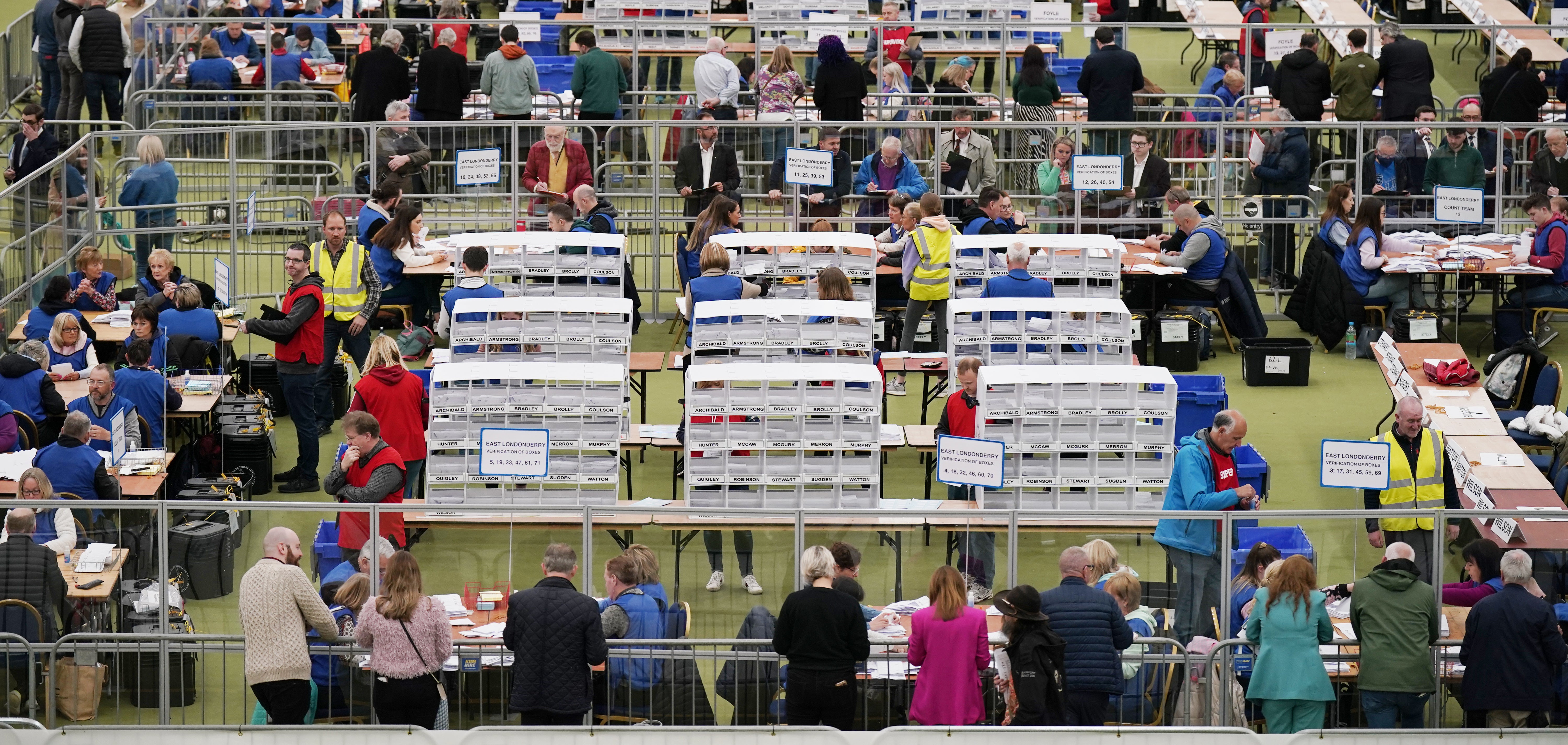 The count was under way at Meadowbank Sports arena in Magherafelt in Co County Londonderry (Niall Carson/PA)