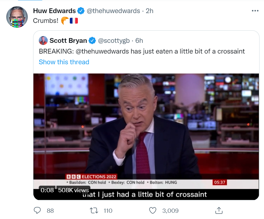 Huw Edwards was quick to joke about the croissant on social media