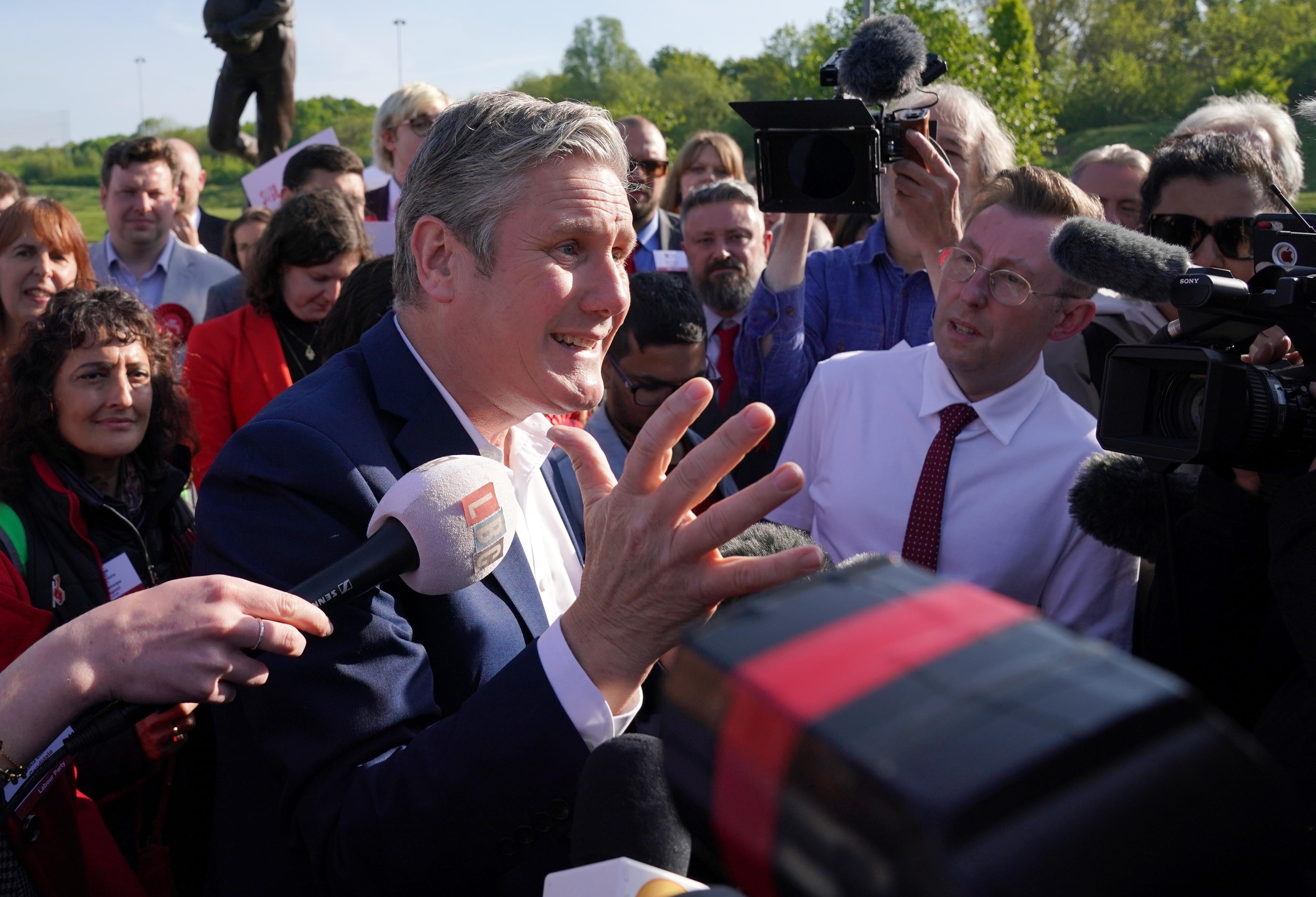 Sir Keir Starmer speaks to Labour supporters outside StoneX Stadium in Barnet (Jonathan Brady/PA)