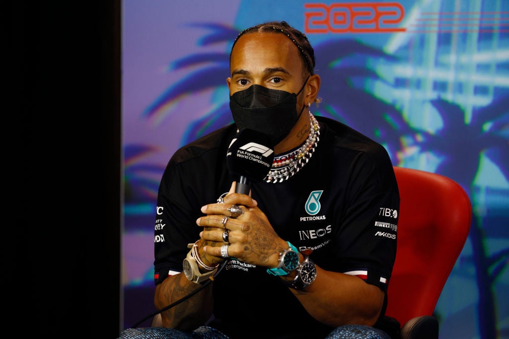 Lewis Hamilton appeared at his pre-Miami press conference wearing several items of jewellery