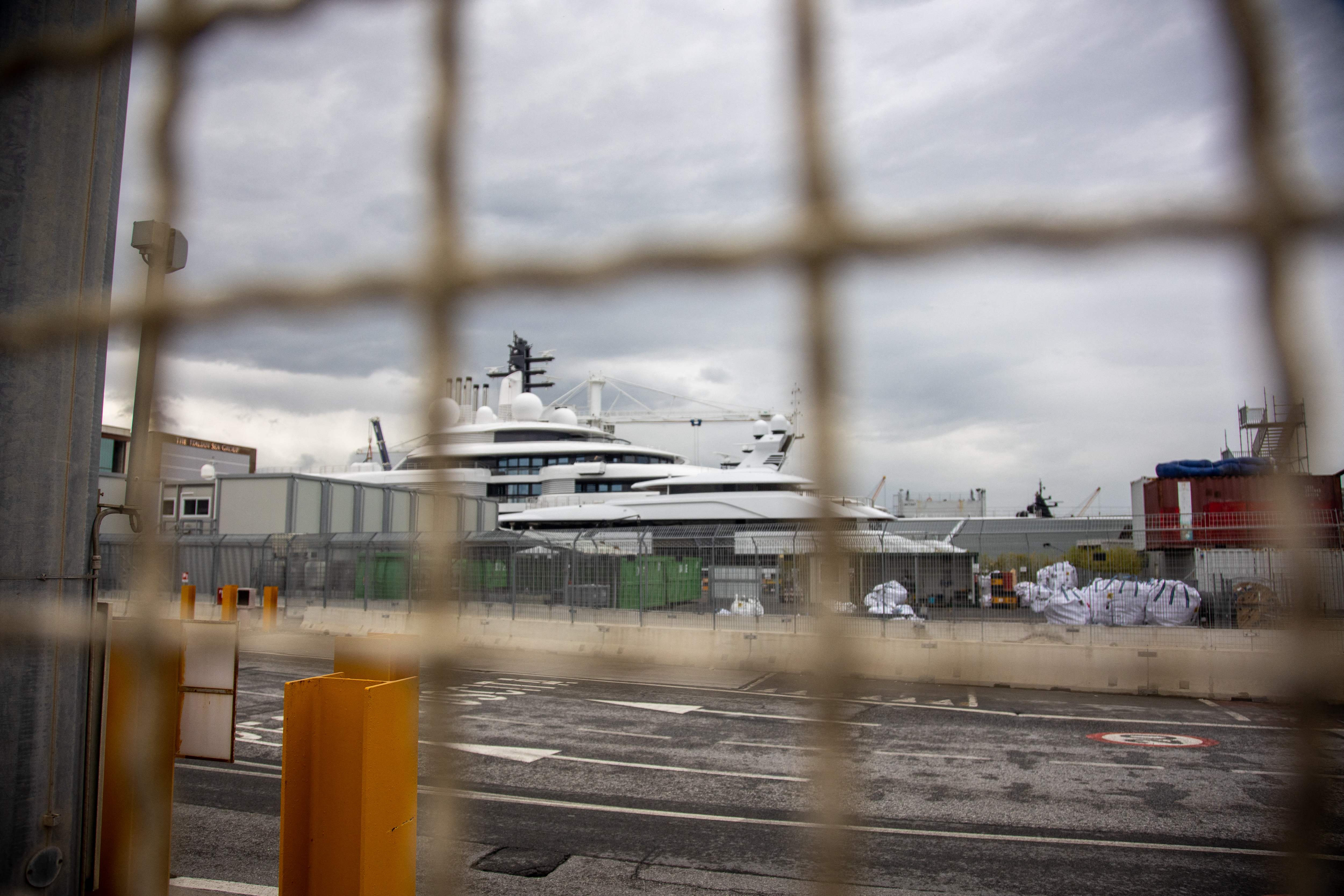 A view shows the superyacht ‘Scheherazade’ docked in the Tuscan port