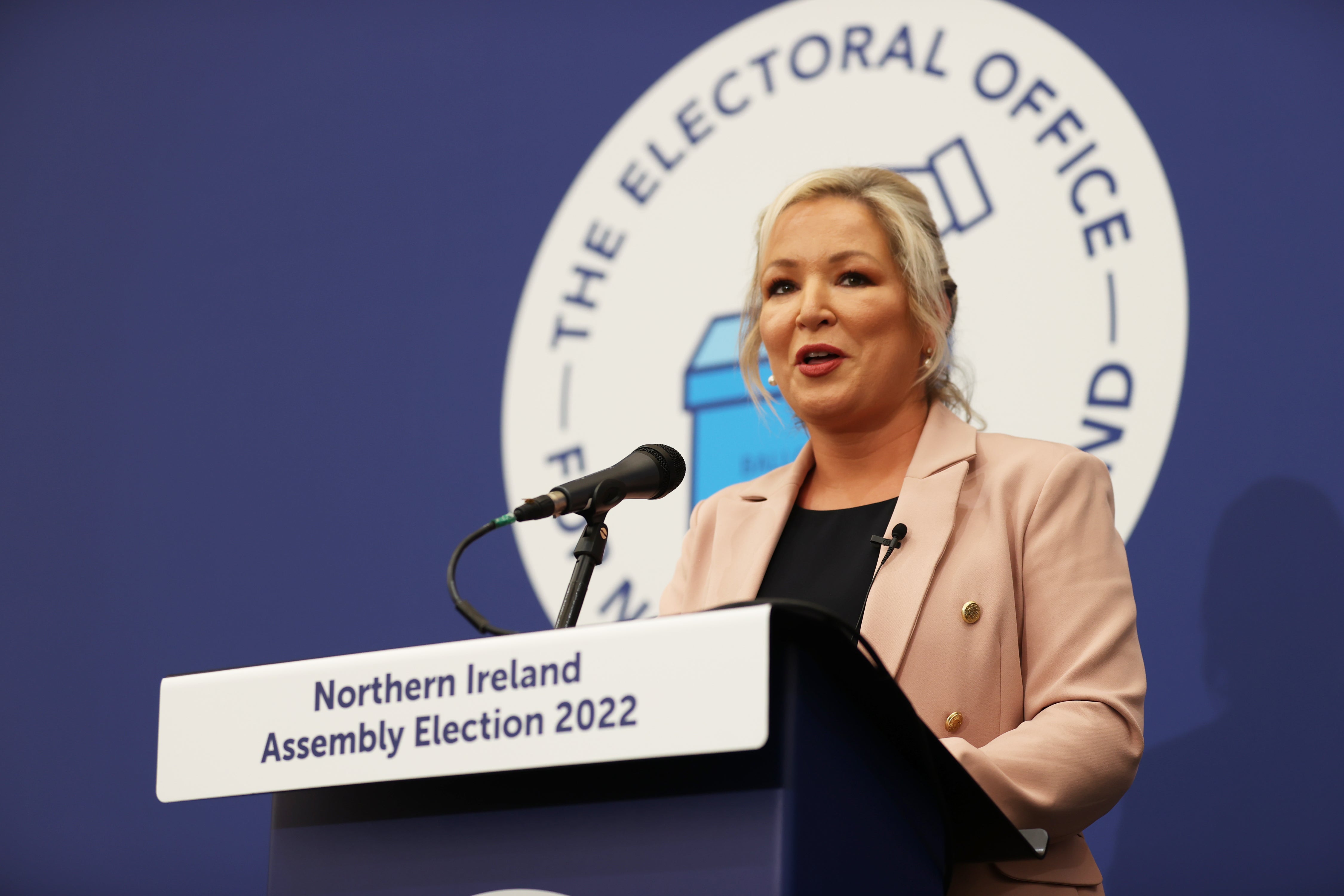 Sinn Fein vice-president Michelle O’Neill makes a victory speech at the Northern Ireland Assembly Election count centre at Meadowbank Sports arena in Magherafelt in Co County Londonderry (Liam McBurney/PA)