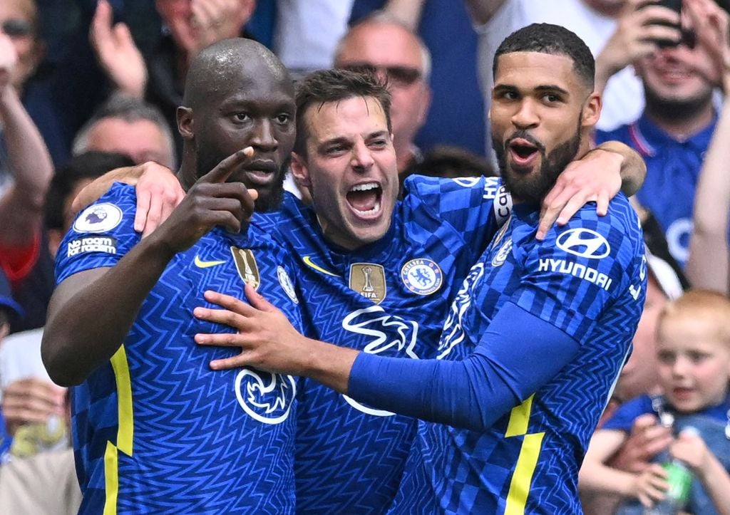 Romelu Lukaku celebrates his second goal with Cesar Azpilicueta and Ruben Loftus-Cheek