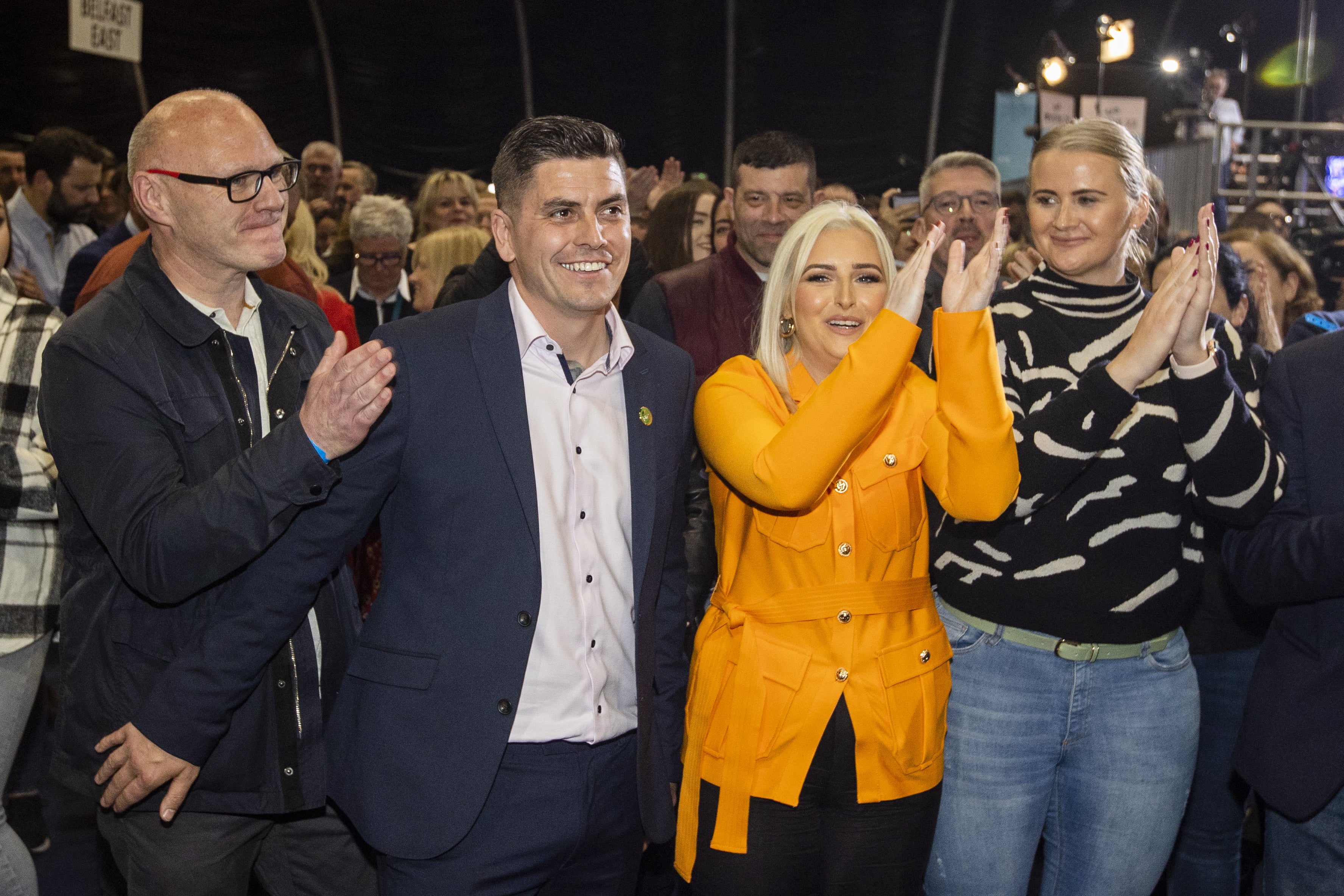 Sinn Fein’s Daniel Baker (second from left) at the Titanic Exhibition Centre in Belfast (PA)