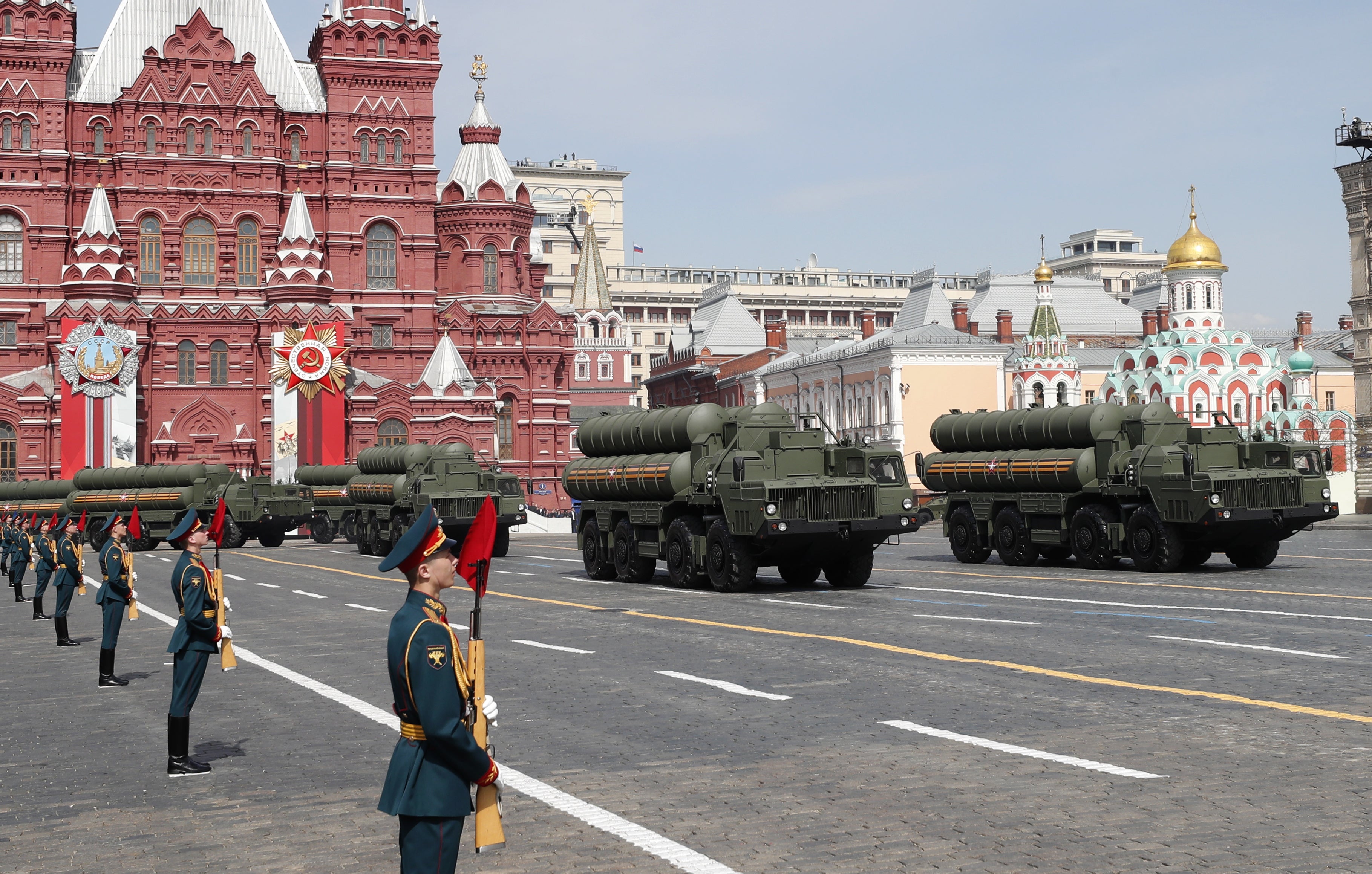 Russian troops take part in a rehearsal for the Victory Day military parade in Red Square on 7 May