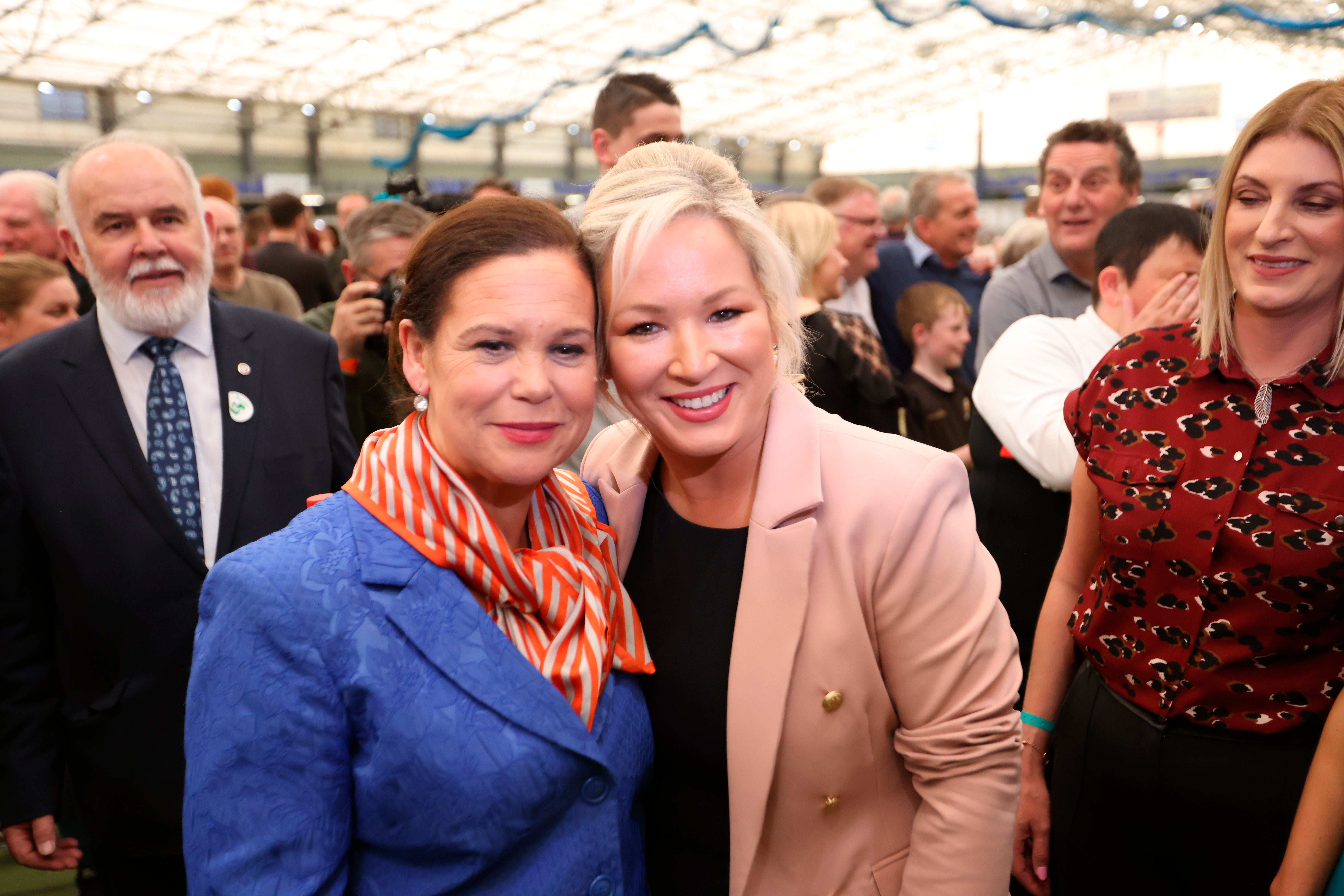 Sinn Fein president Mary Lou McDonald (left) and Stormont leader Michelle O’Neill celebrate the historic vote