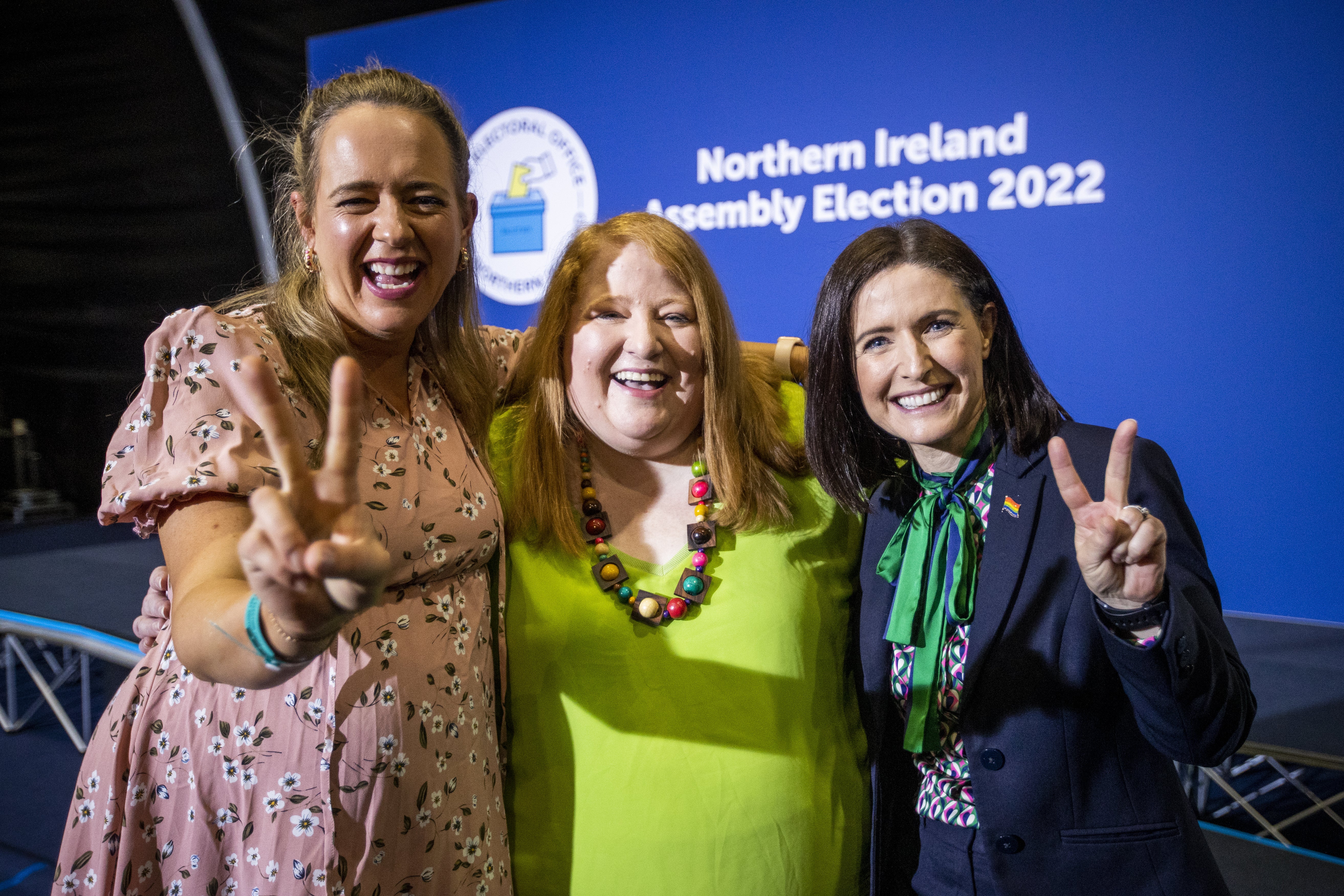 Alliance leader Naomi Long (centre) with elected candidates Kate Nicholl (left) and Paula Bradshaw