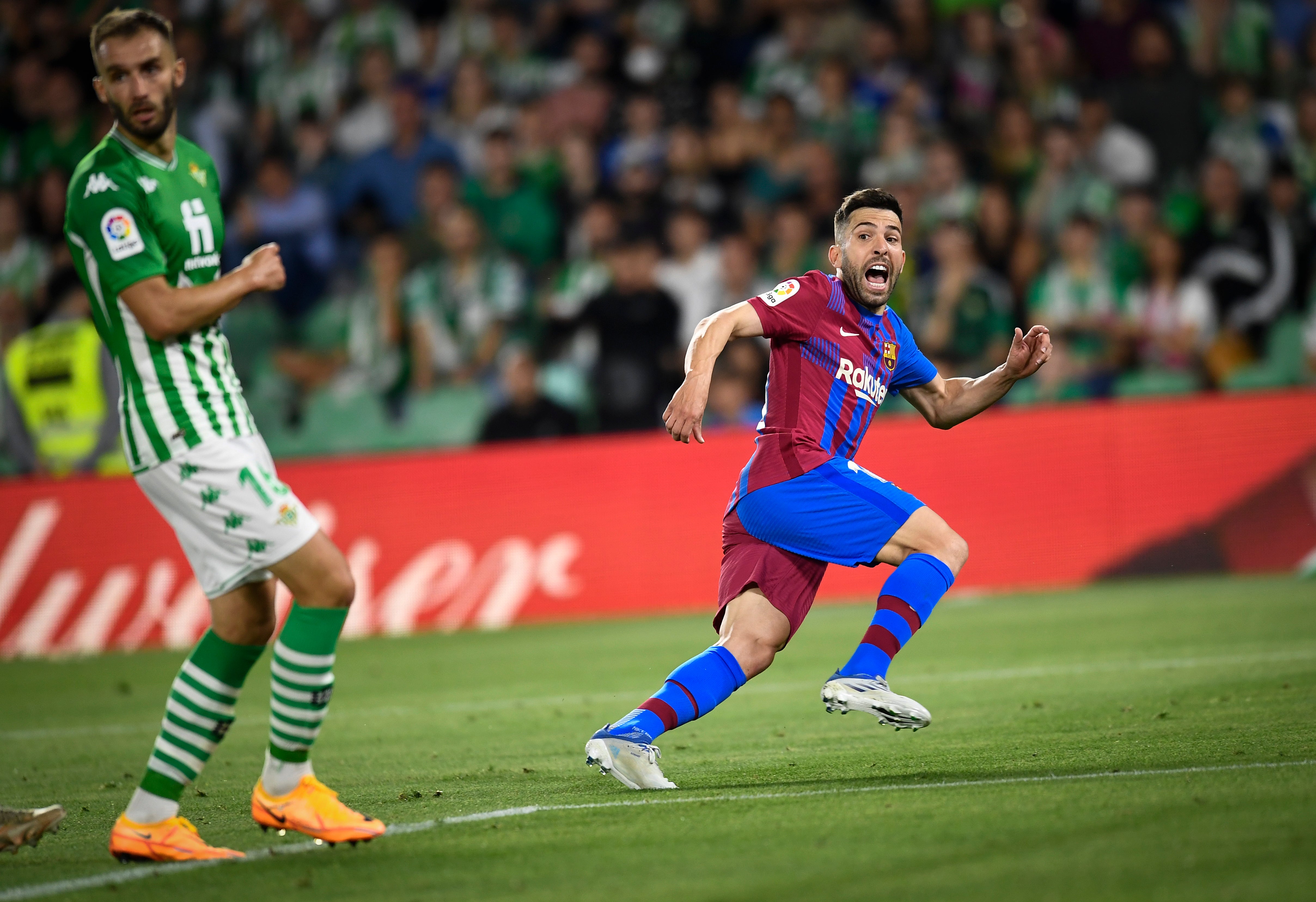 Jordi Alba (right) struck deep into stoppage time (Jose Breton/AP)