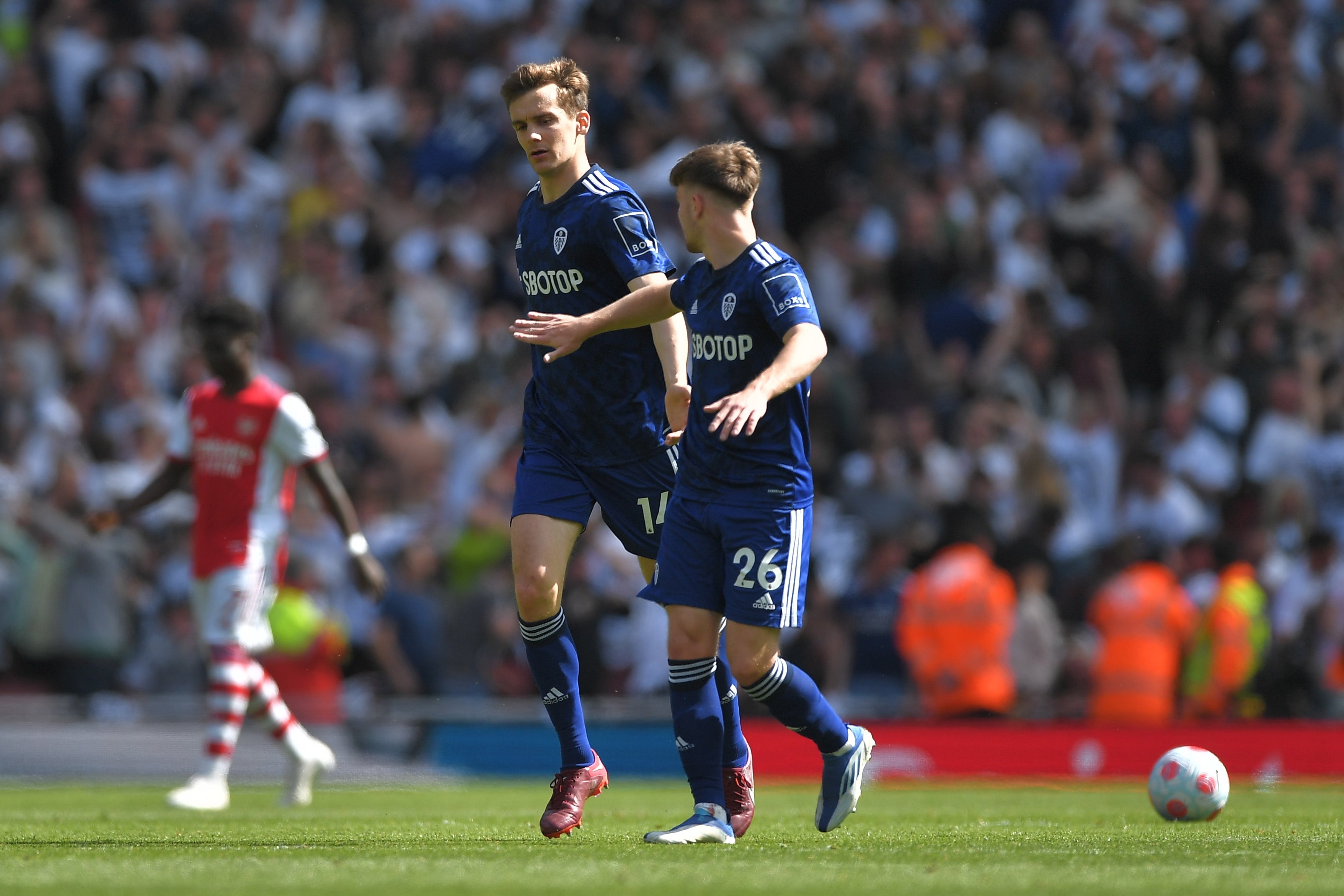 Lewis Bate (right) congratulates Diego Llorente after his goal