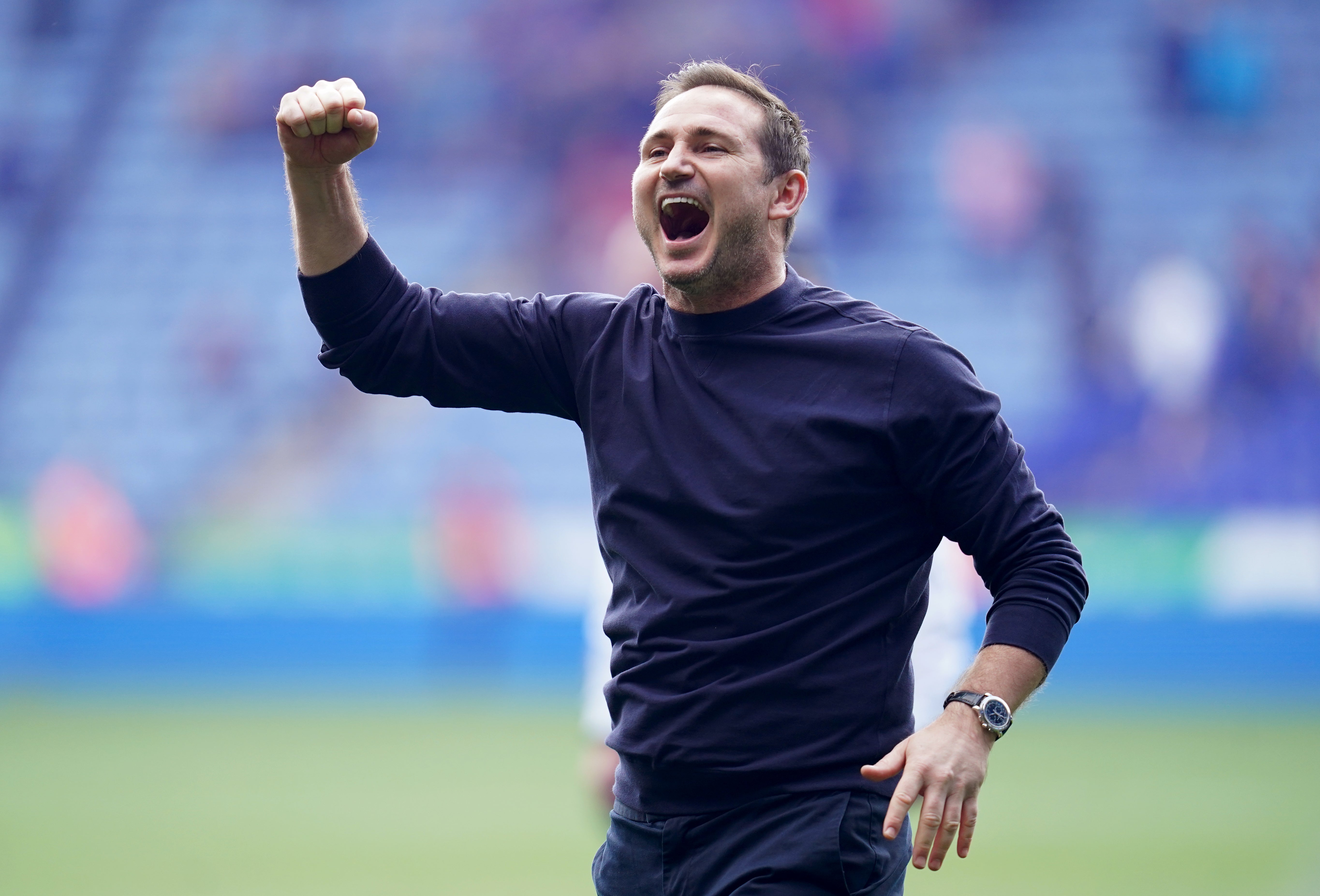 Everton manager Frank Lampard celebrates victory at Leicester. (Nick Potts/PA)