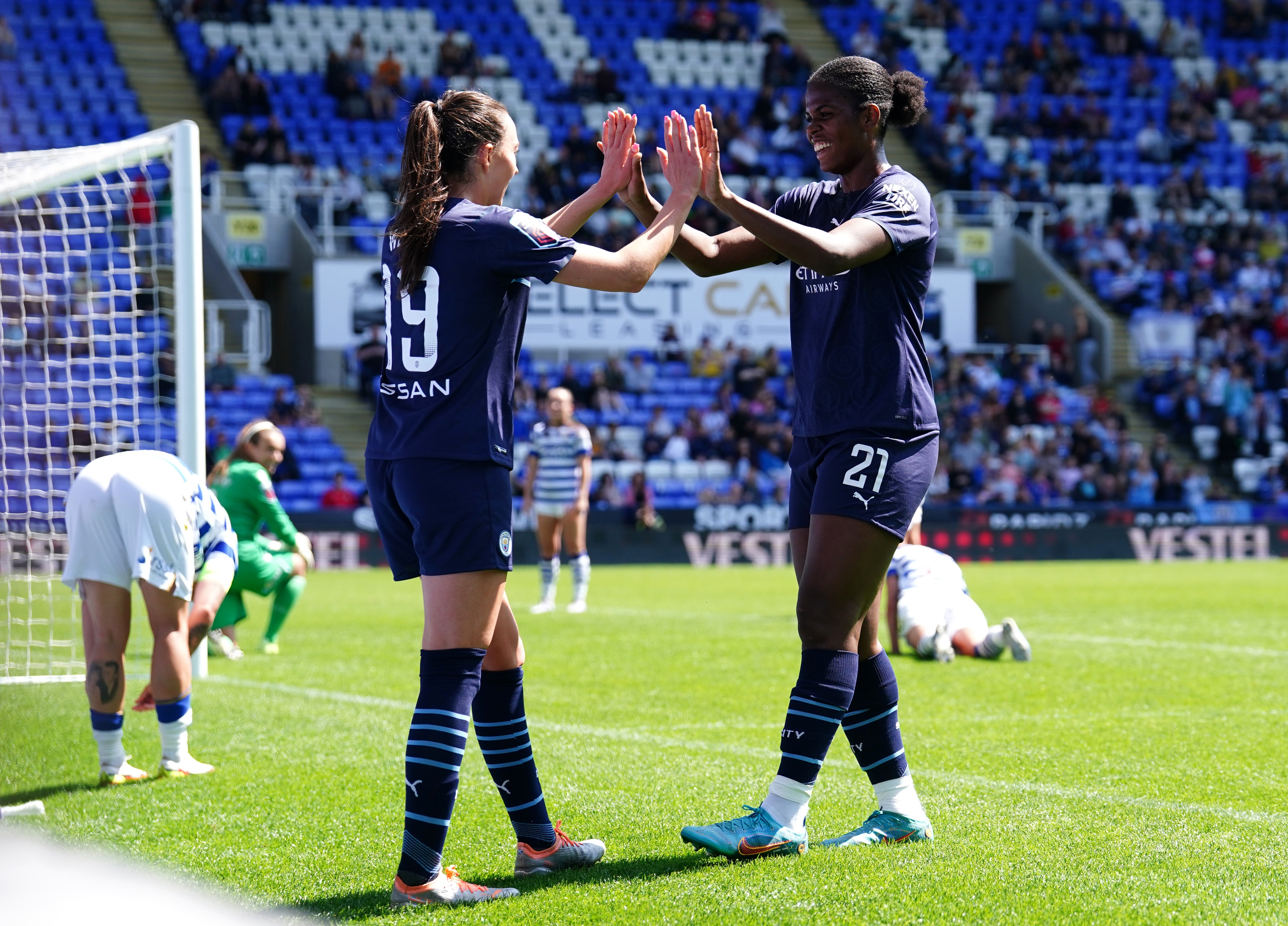 Khadija Shaw (right) celebrates her goal (David Davies/PA)