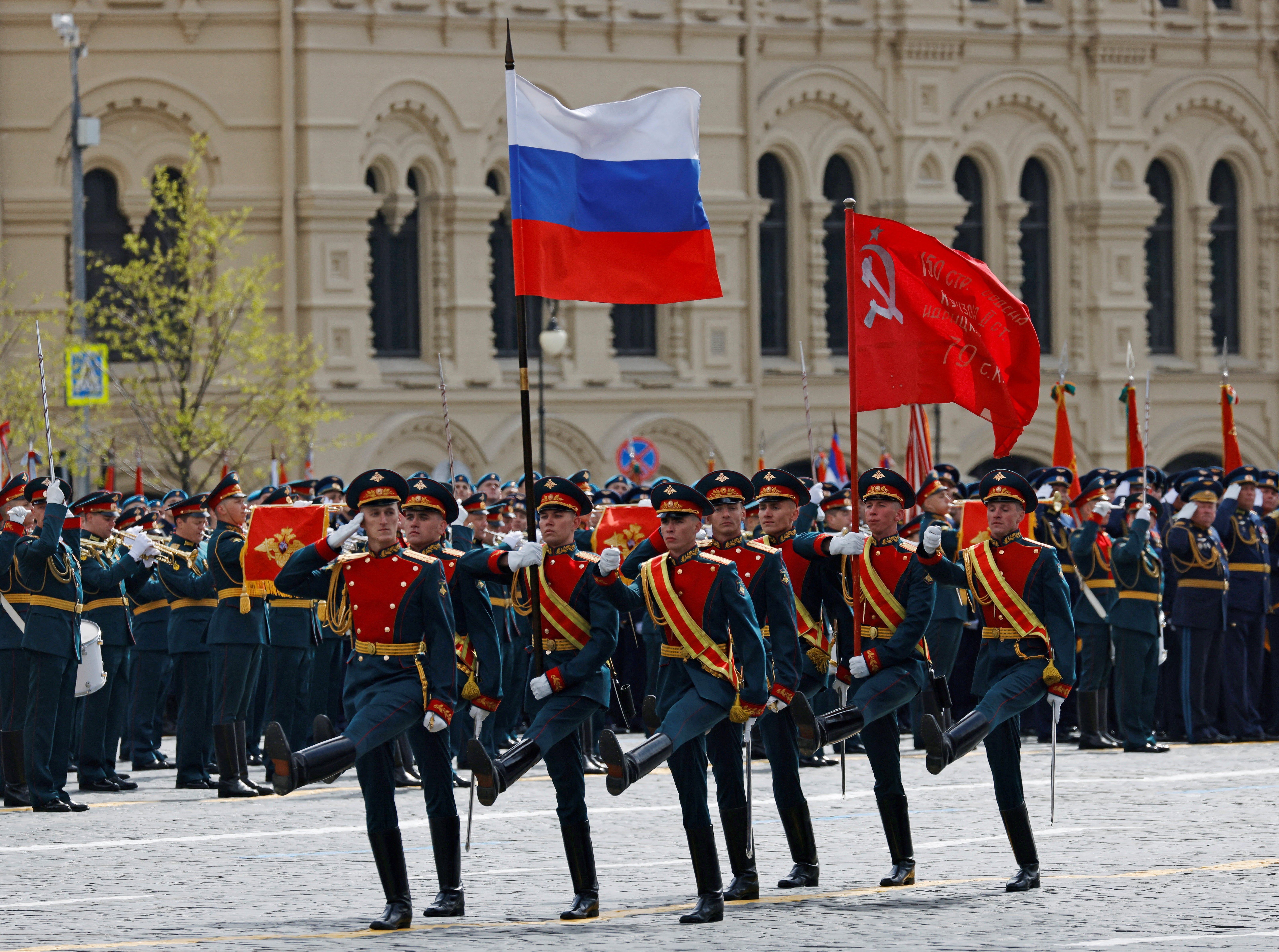 Russian service members take part in a military parade