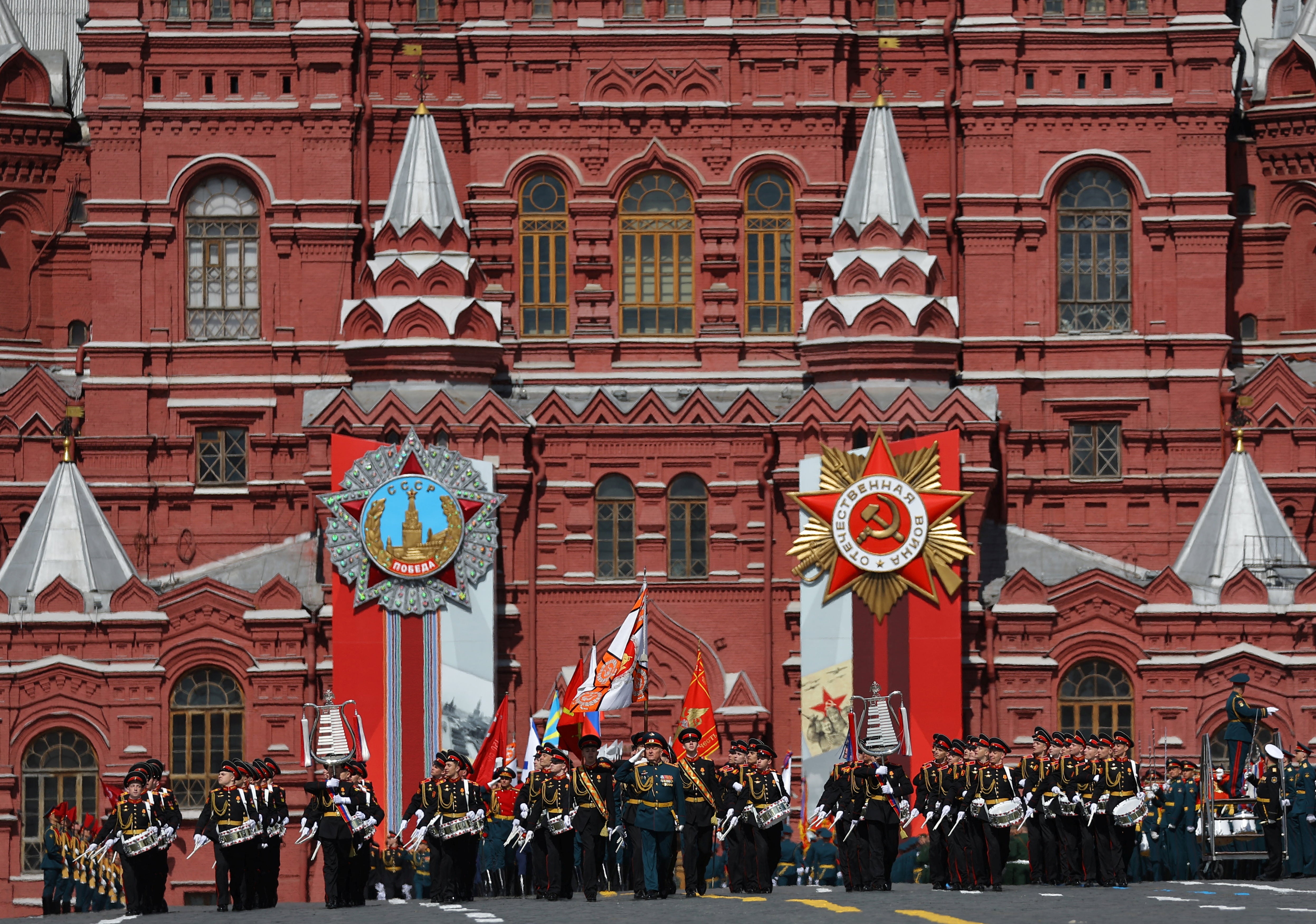 Members of a Russian military band march during a parade on Victory Day