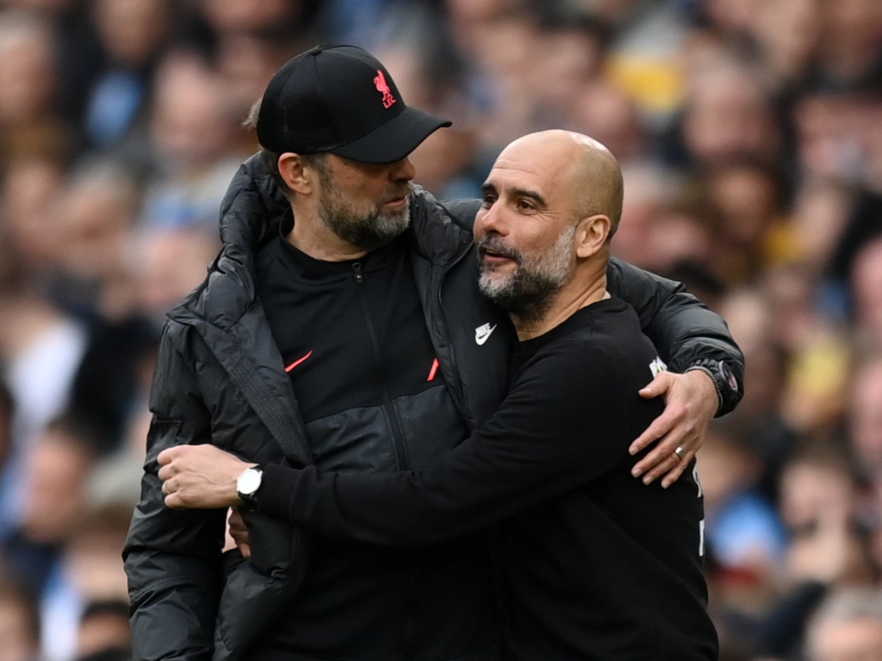 Liverpool manager Jurgen Klopp with Manchester City counterpart Pep Guardiola