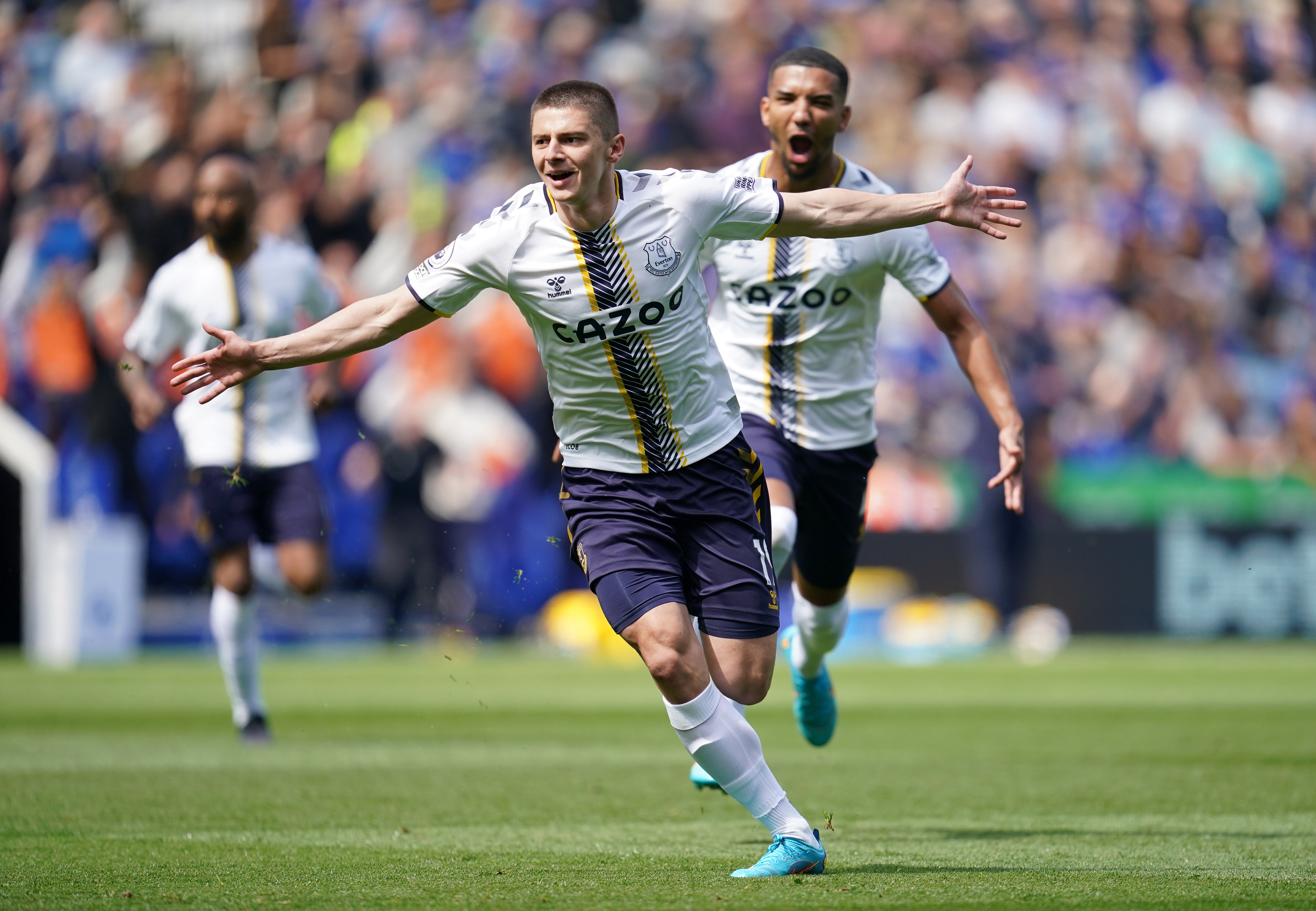 Vitalii Mykolenko’s stunning volley helped move the Toffees out of the bottom three (Nick Potts/PA)