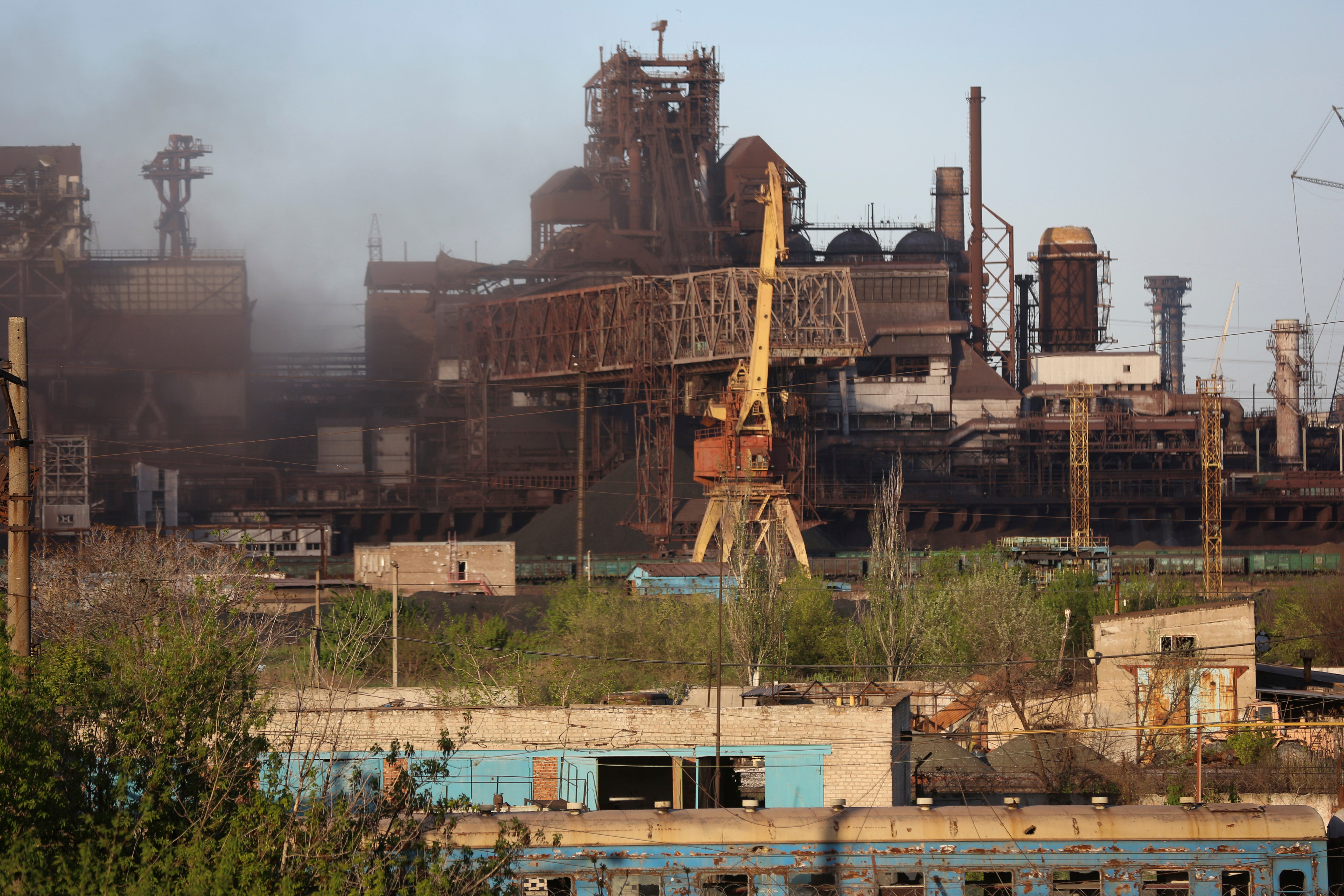 Smoke rises from the Metallurgical Combine Azovstal in Mariupol during shelling