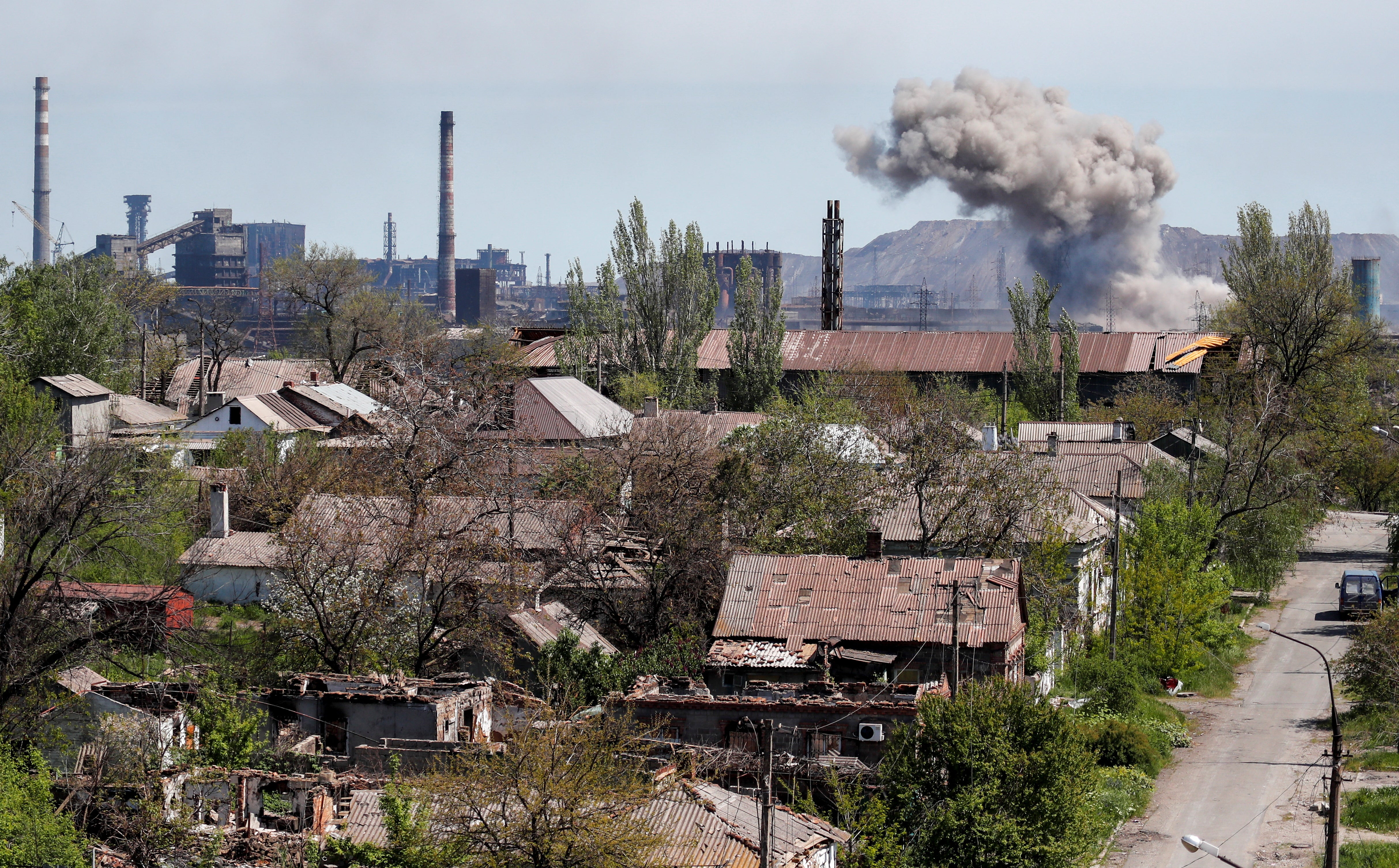 A view shows an explosion at a plant of Azovstal Iron and Steel Works