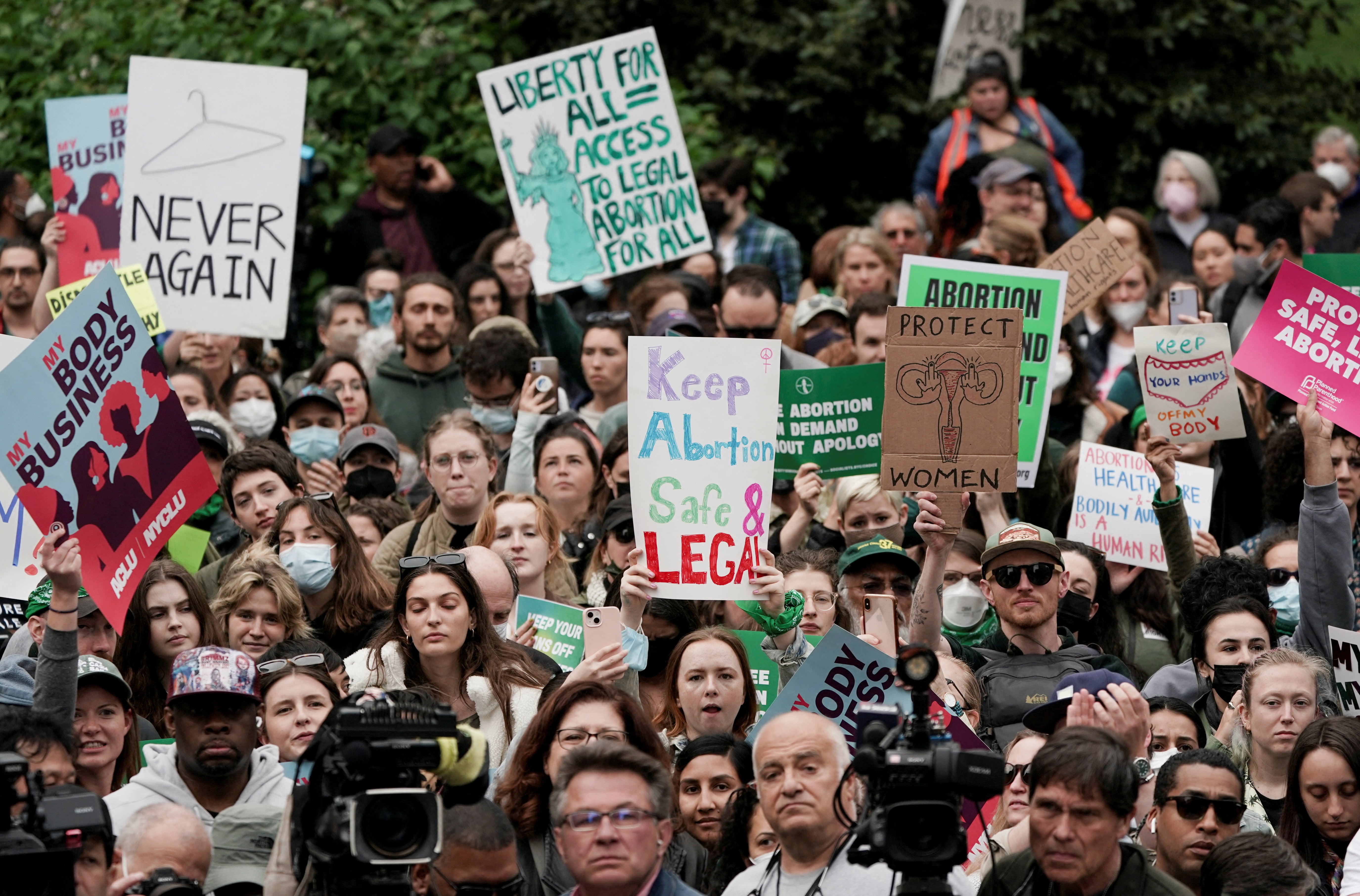 Abortion rights supporters demonstrate in New York City on 3 May.