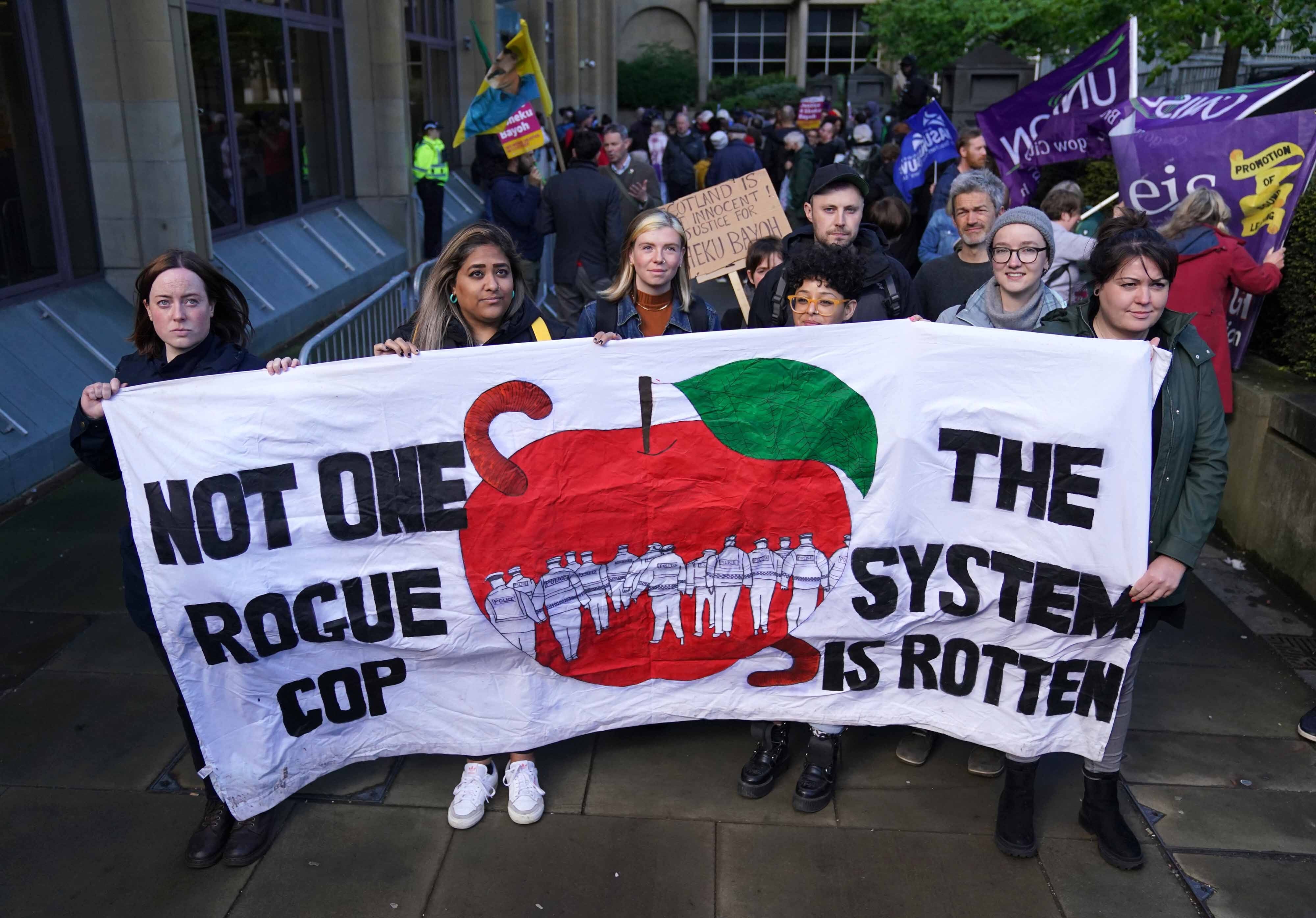 Protesters outside Capital House in Edinburgh ahead of the start of a public inquiry into the death of Sheku Bayoh (Andrew Milligan/PA)