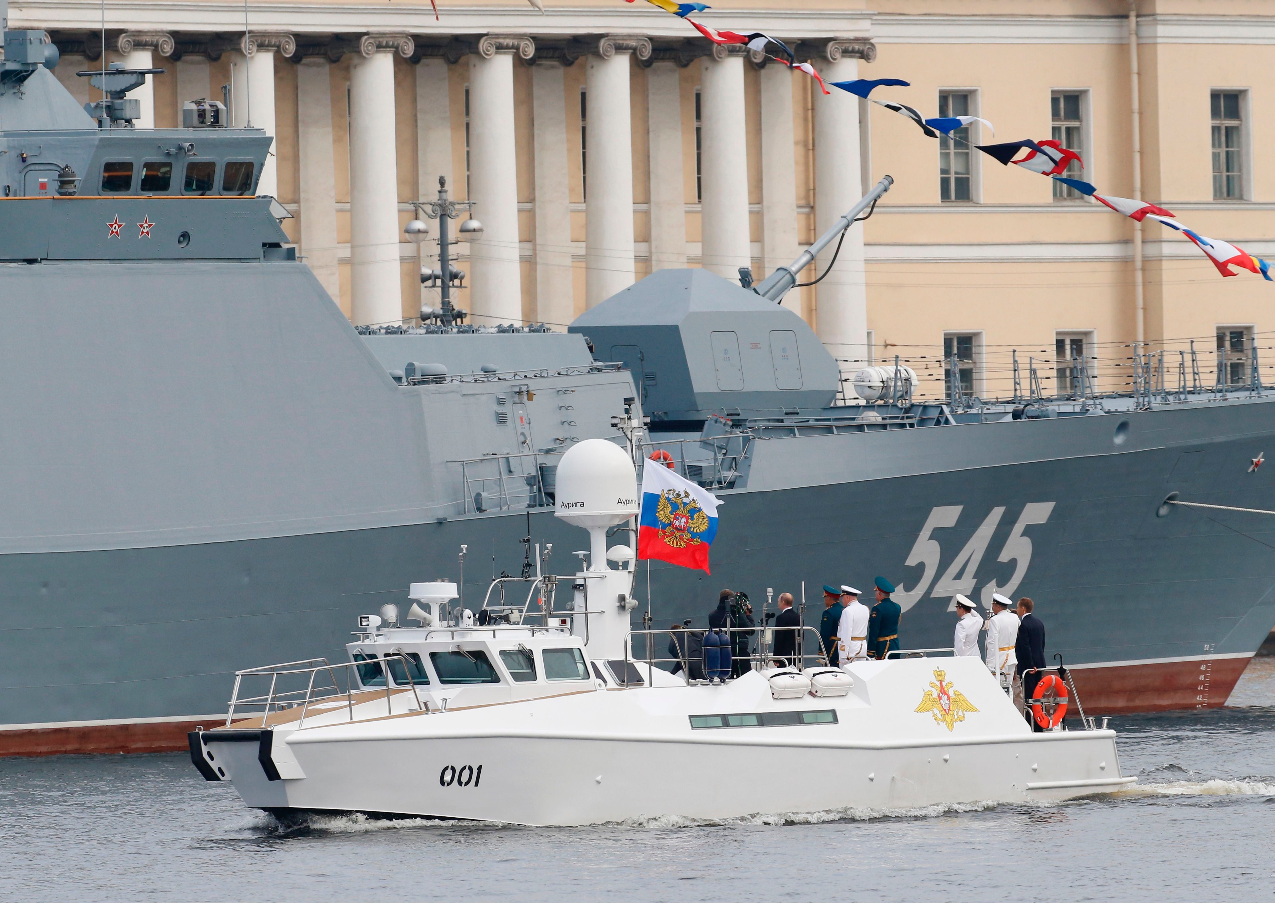 The parade boat was used by Putin to conduct speeches