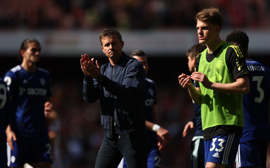 Jesse Marsch applauds the visiting fans after Sunday’s defeat to Arsenal