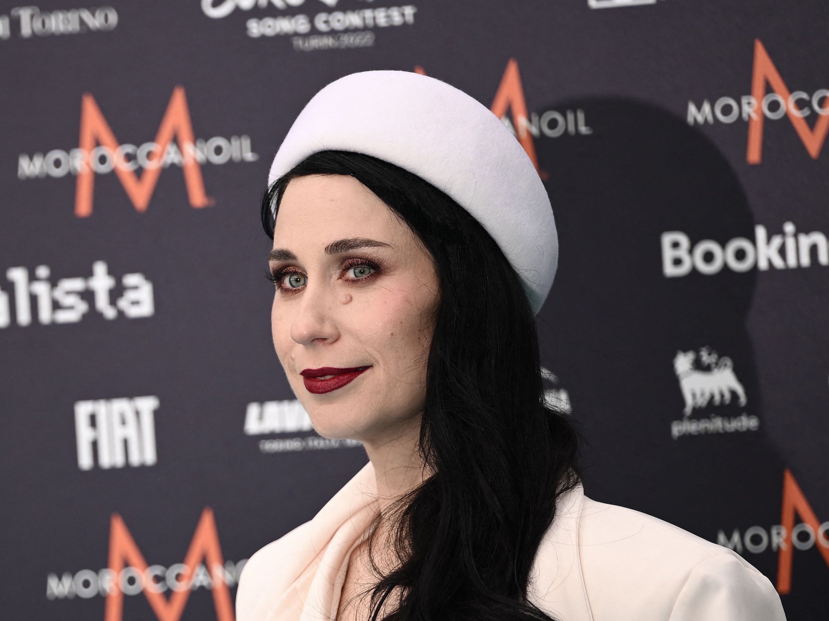 <p>Serbia's singer Kontrasta arrives for the opening ceremony of the Eurovision Song contest 2022</p>