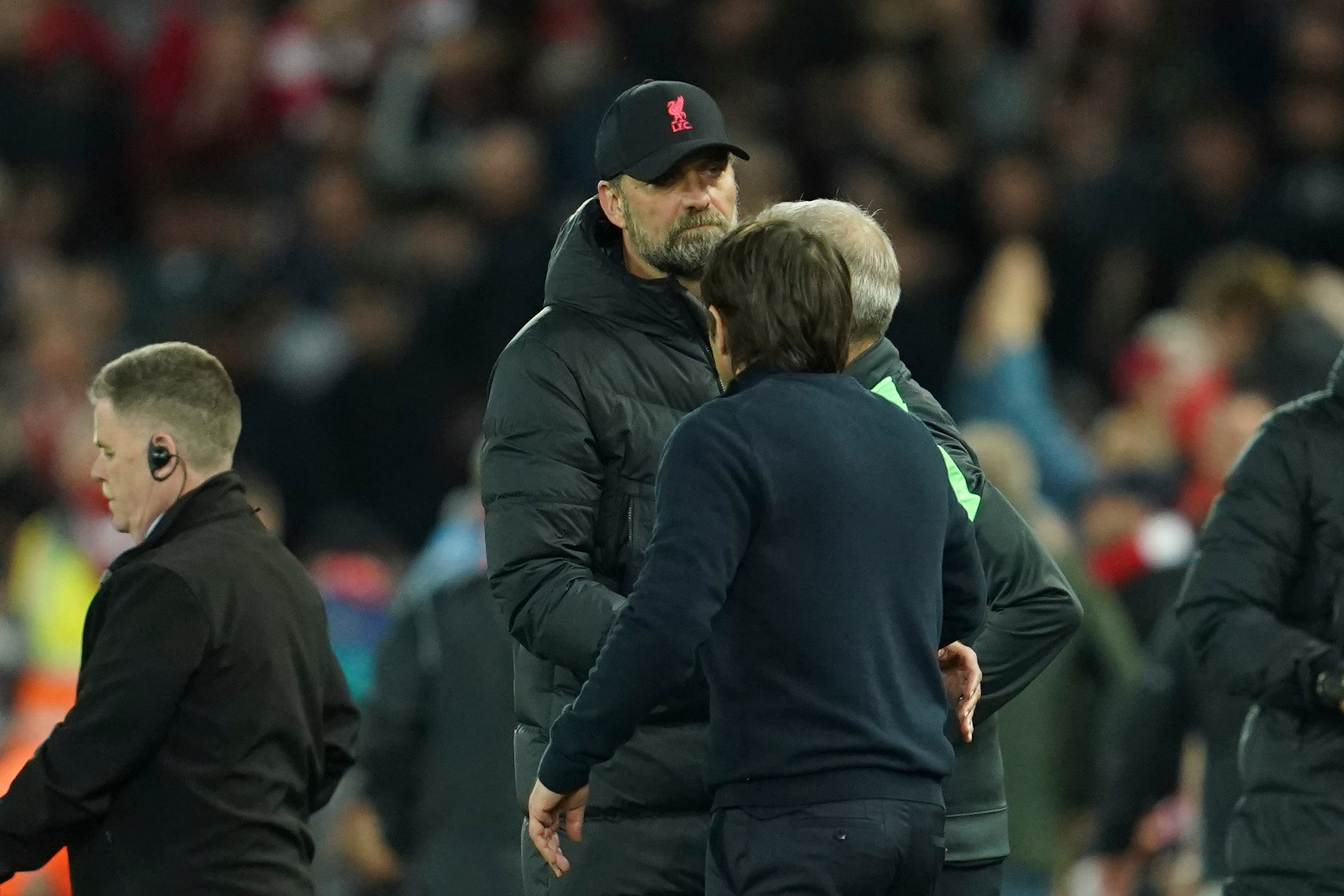 Jurgen Klopp, left, and Antonio Conte shake hands at the end of Saturday’s match (Jon Super/PA).