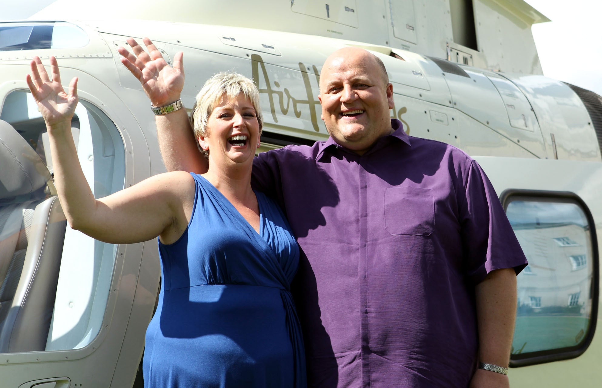 The Bayfords prepare to board a helicopter in Suffold following their huge win in 2012