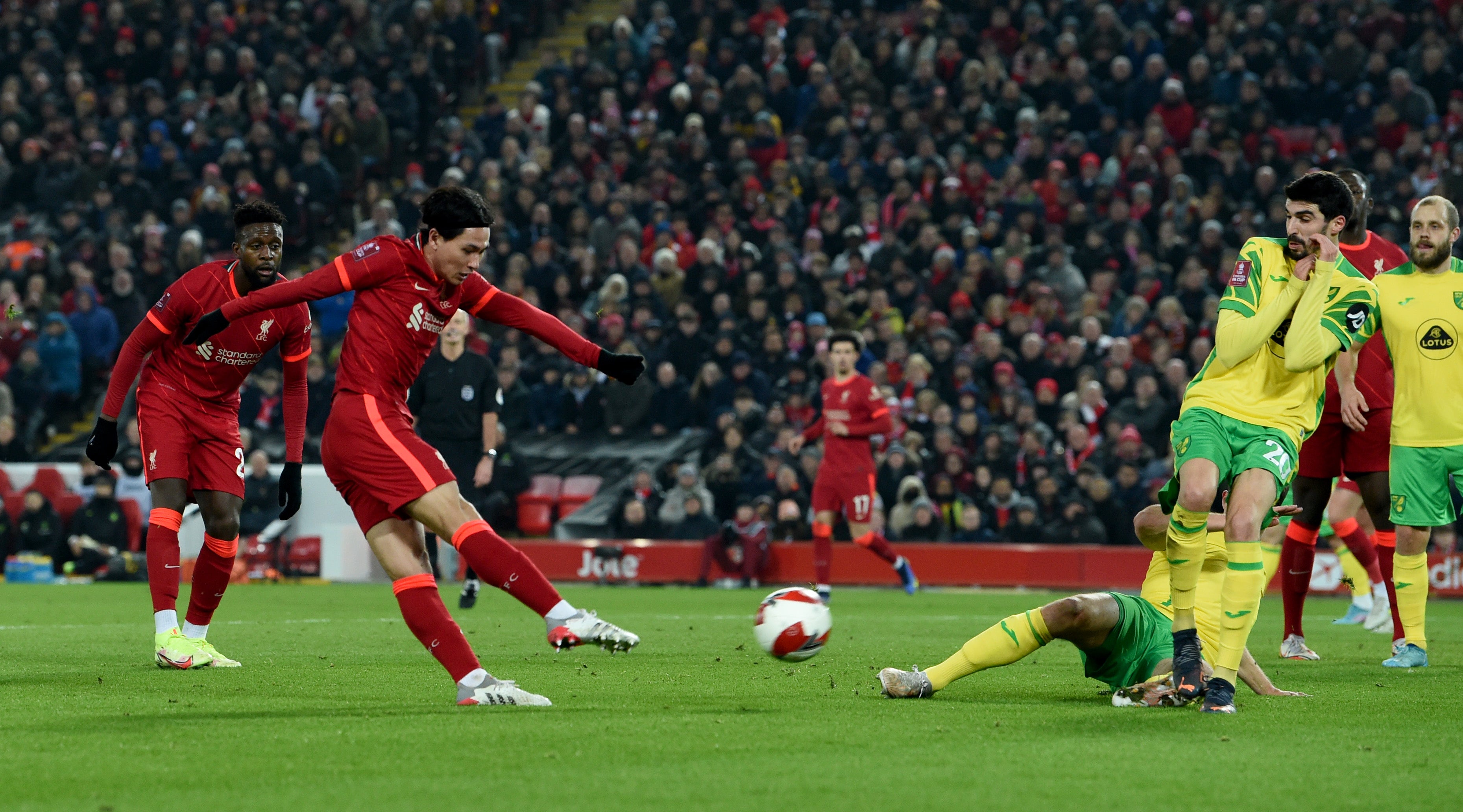 Takumi Minamino scored both goals in the fifth-round win over Norwich