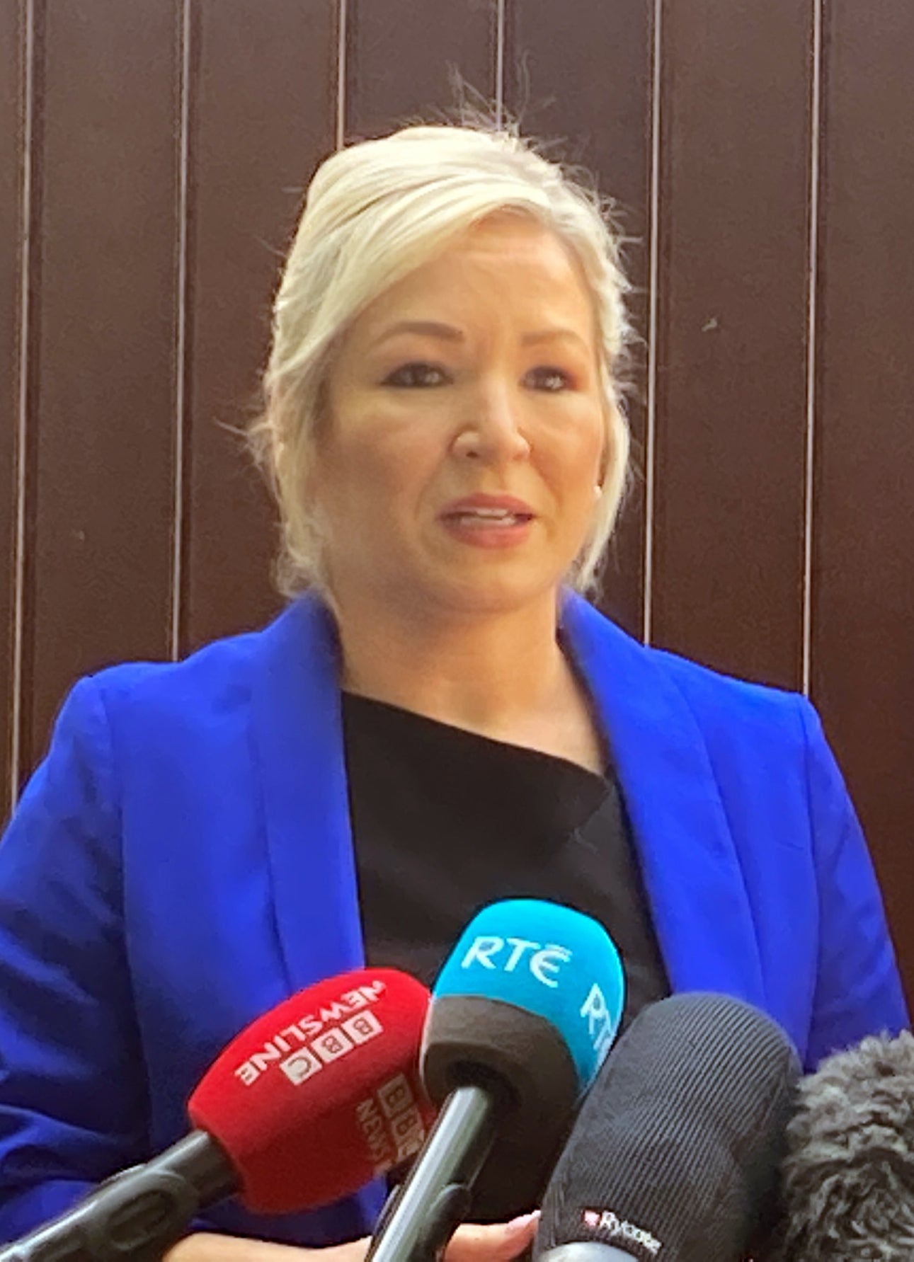 Sinn Fein’s Stormont leader Michelle O’Neill speaking to the media outside the Irish consulate at Notting Hill in south Belfast (Rebecca Black/PA)