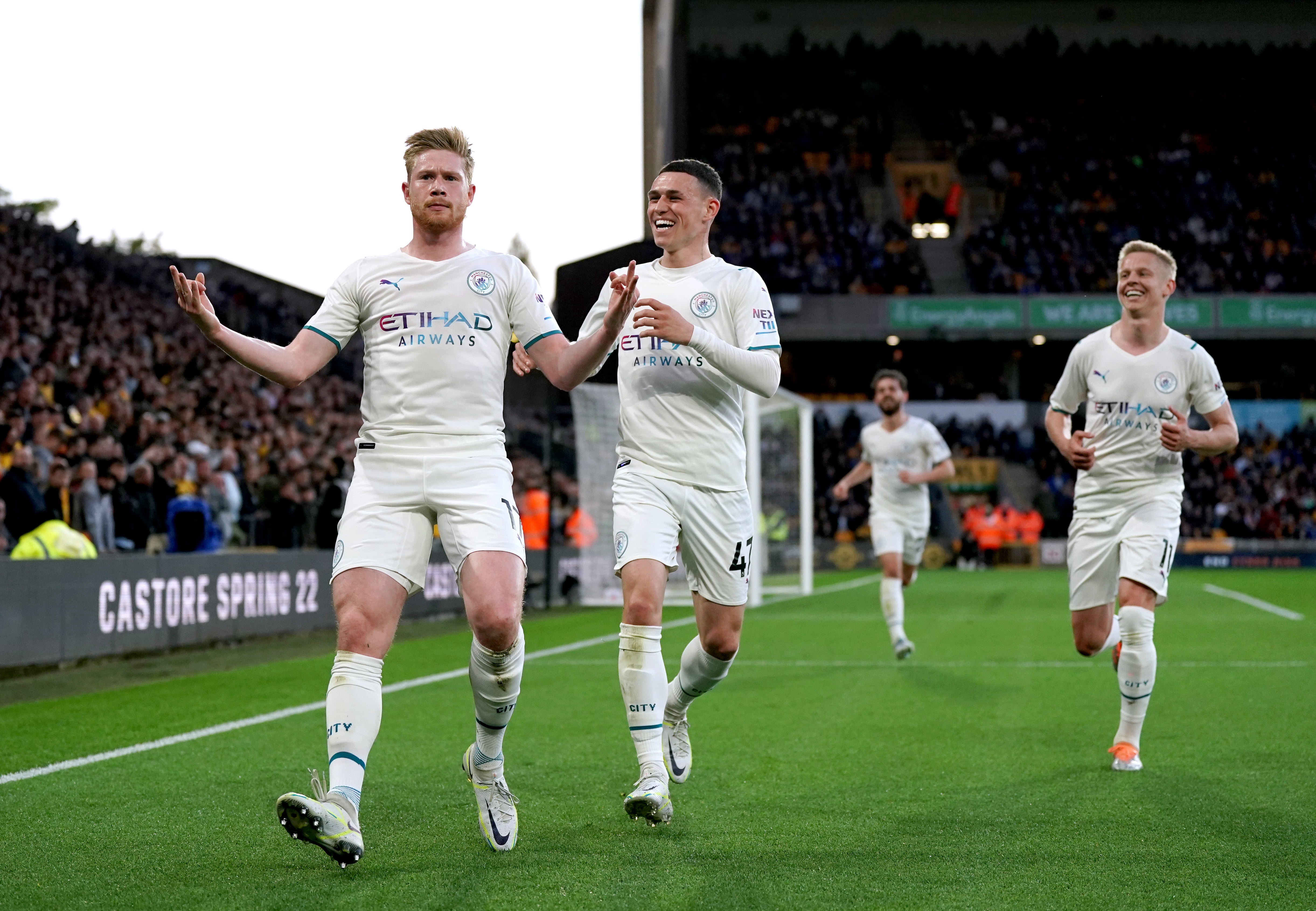 Kevin De Bruyne, left, seemed to celebrate like Erling Haaland (Nick Potts/PA)