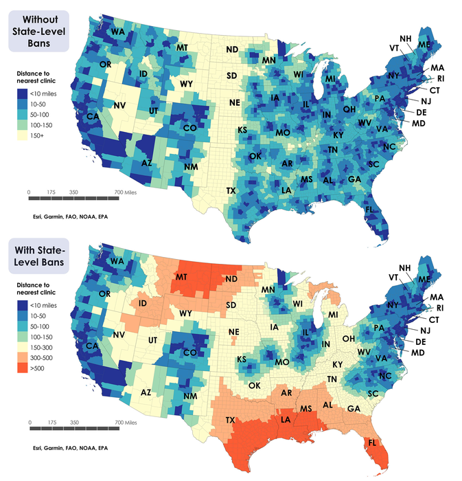 Absolute distance to an abortion clinic for every county in the US. The top map is the distance with Roe v Wade, the bottom one is the distance if state-level abortion restriction ‘trigger’ law goes into effect