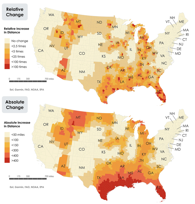 Relative change in distance to an abortion clinic from every county in the contiguous US