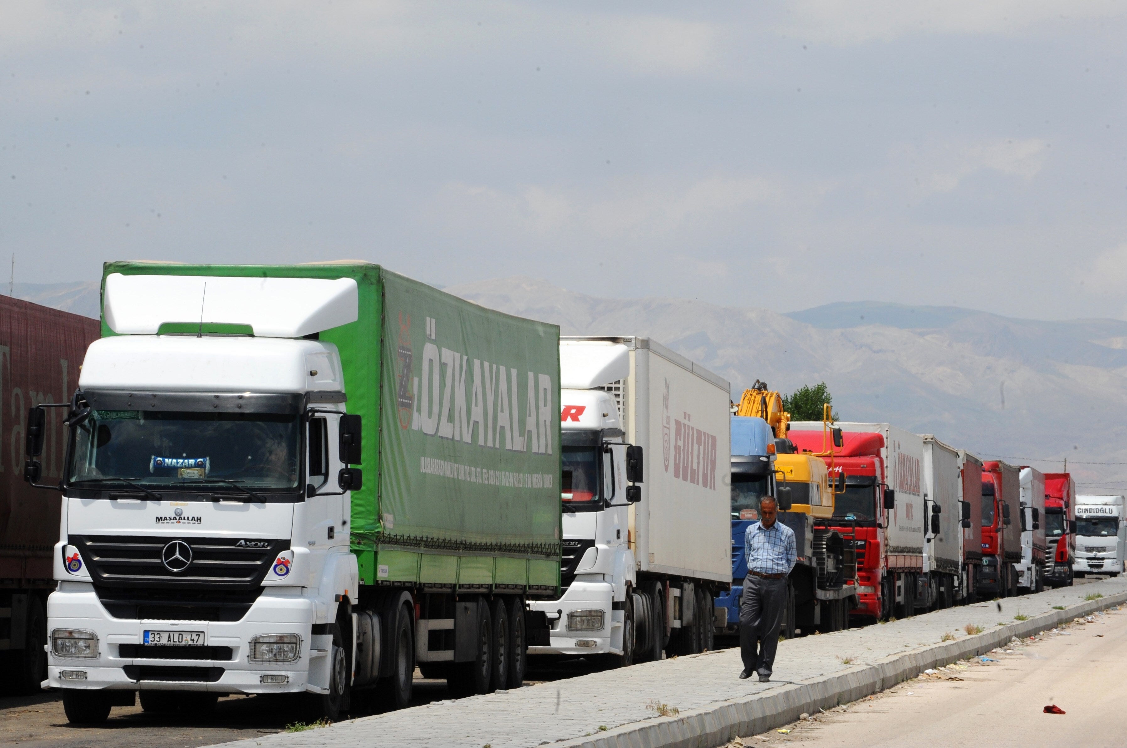 Trucks waiting to cross into Iran from the Turkish side of the border near the Gurbulak border crossing