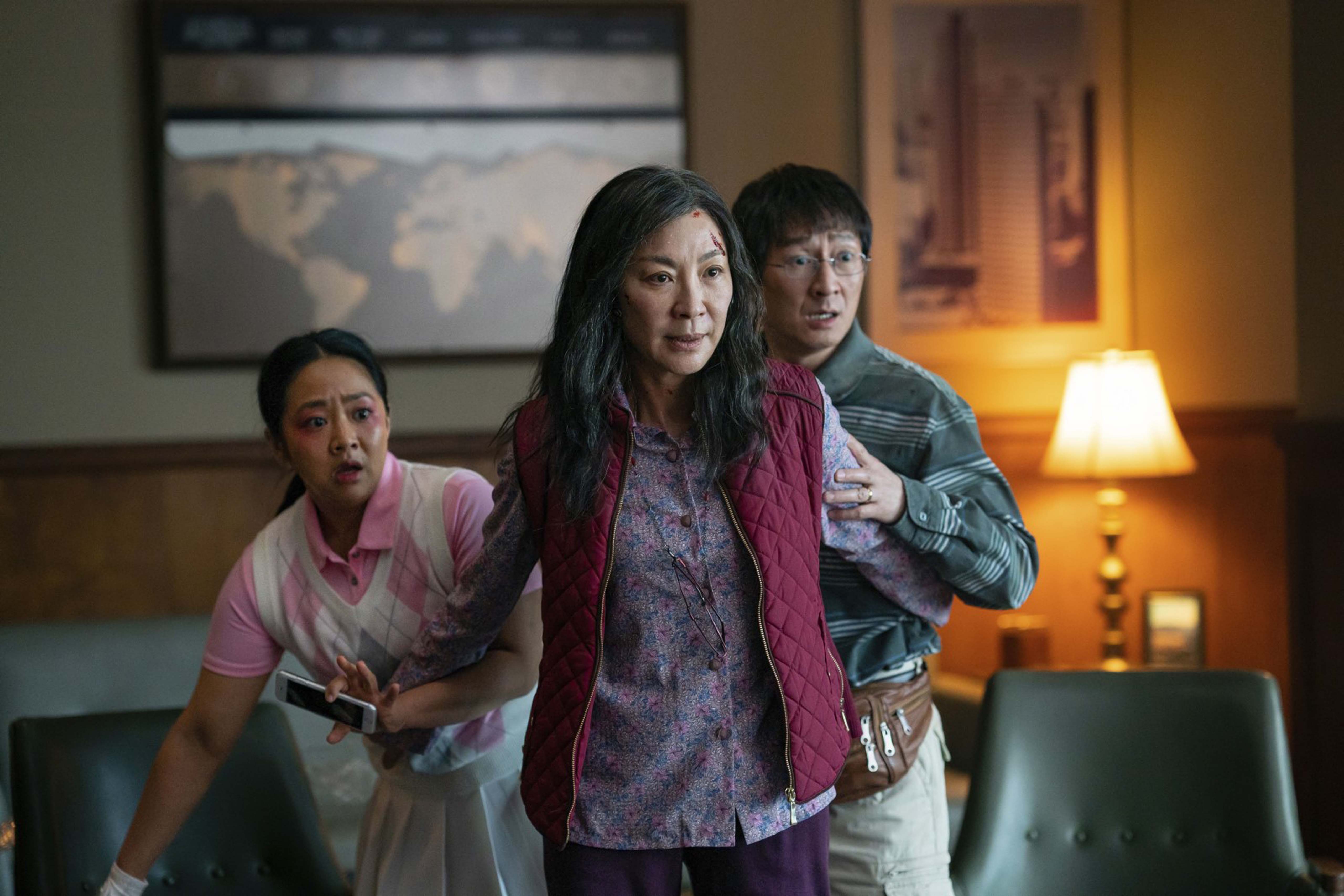 Stephanie Hsu, Michelle Yeoh and Jonathan Ke Quan in ‘Everything Everywhere All at Once'