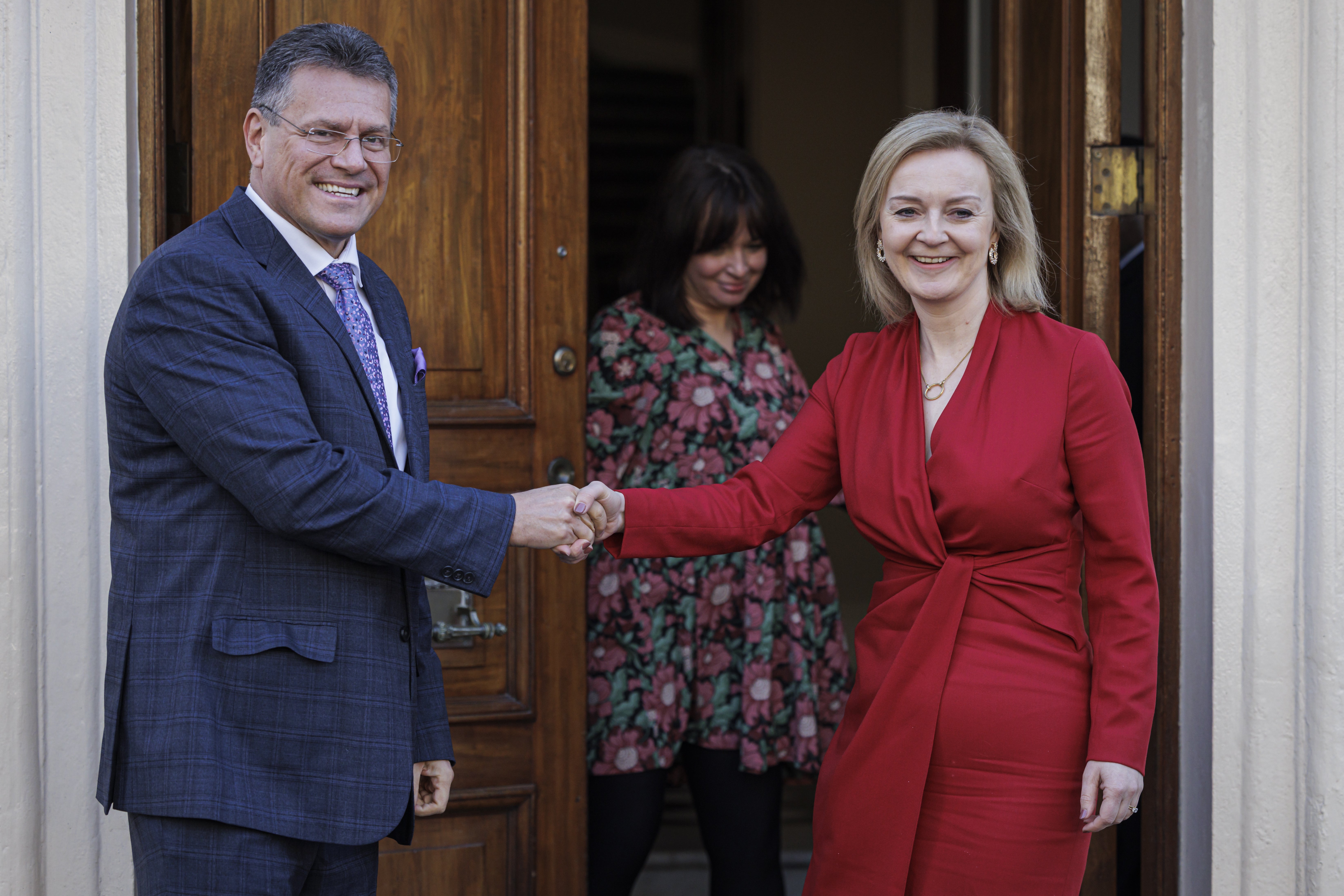 Power shake: the foreign secretary, Liz Truss, and European Commission vice-president Maros Sefcovic