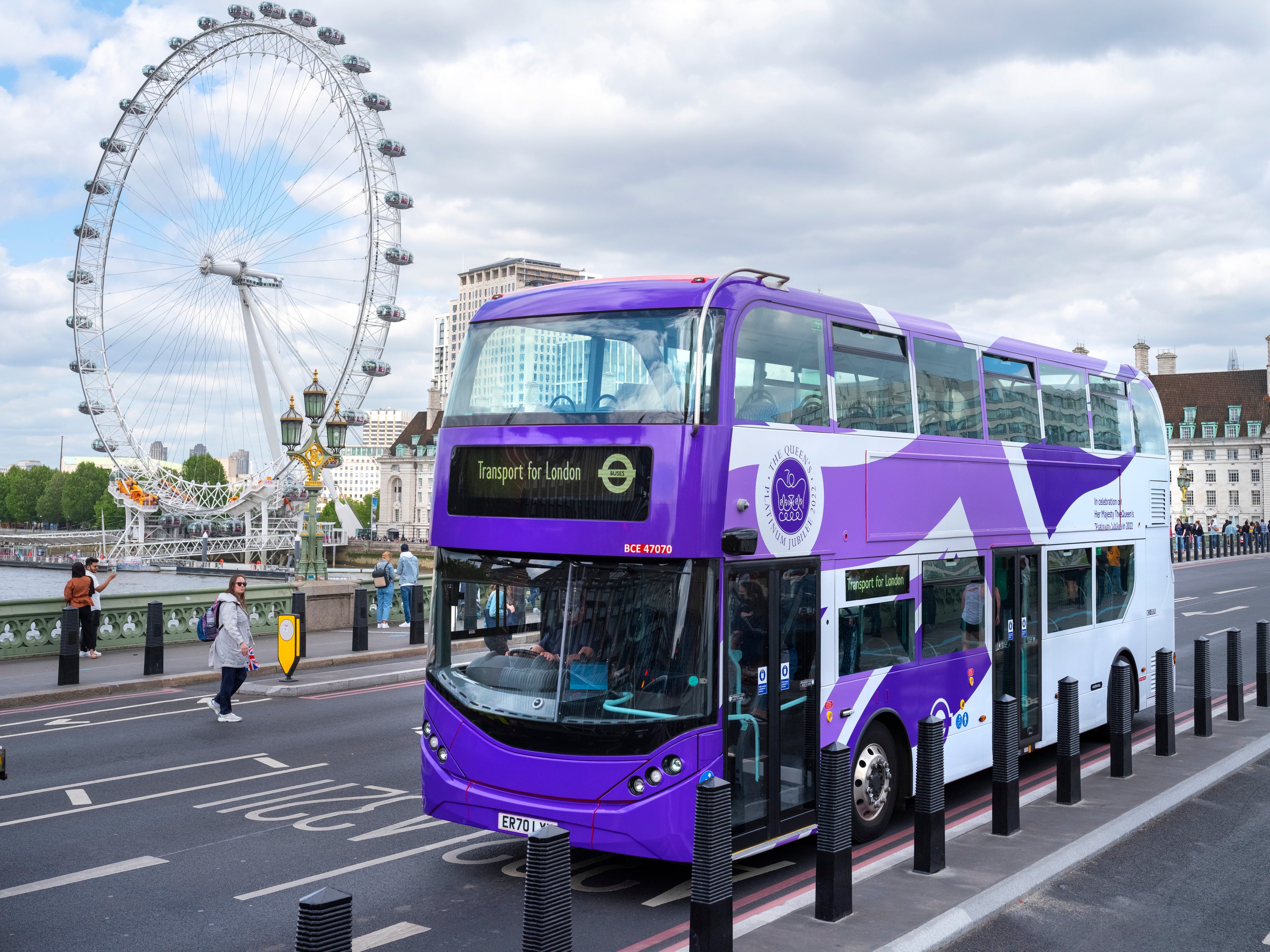 Eight London buses have been given a purple makeover ahead of the Queen’s Platinum Jubilee (TfL/PA)