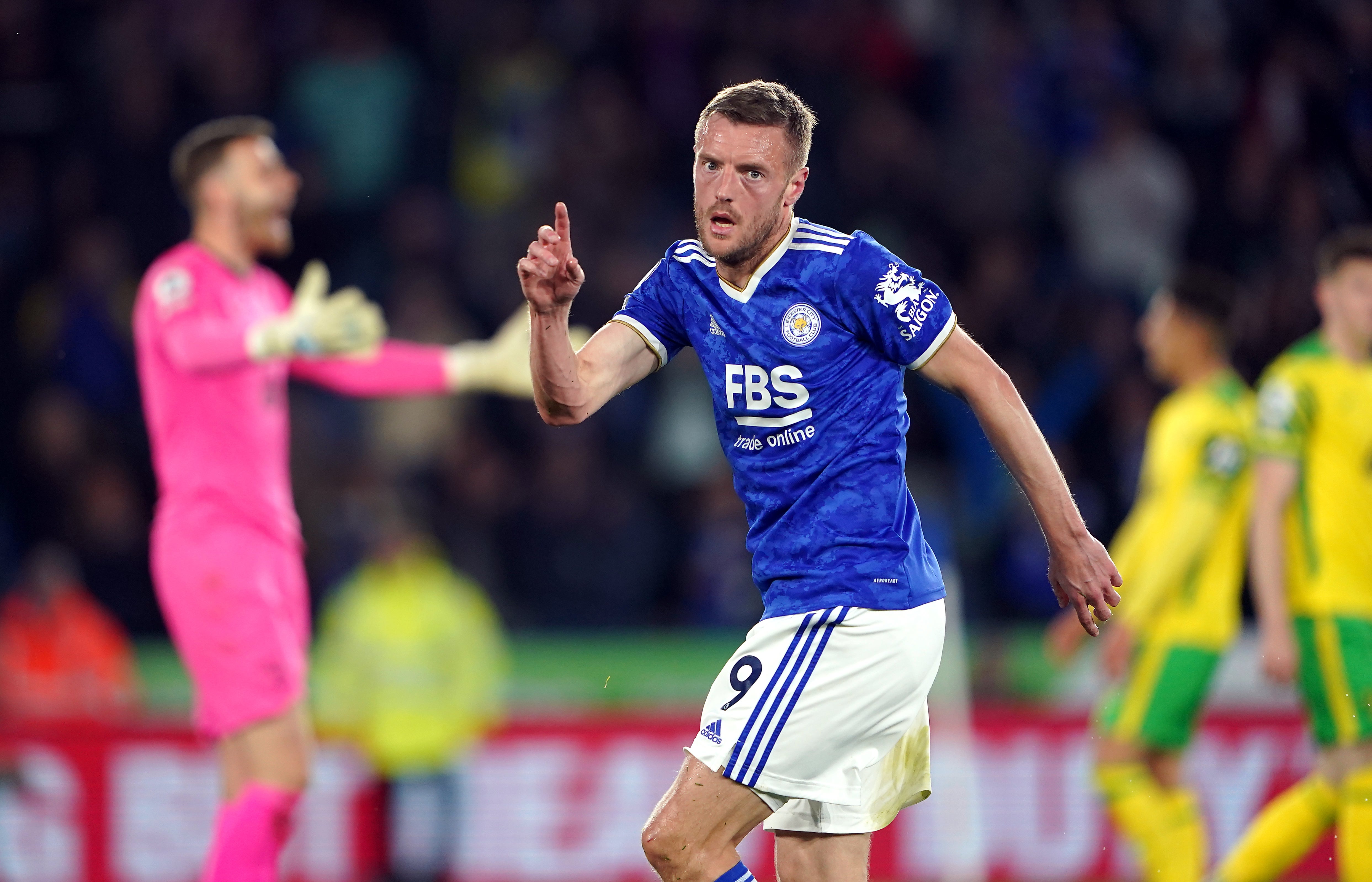 Leicester striker Jamie Vardy hit a second-half brace to help sink relegated Norwich (Zac Goodwin/PA)