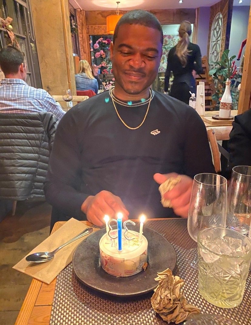 Mr Matthews celebrating his 33rd birthday in the UK, last year