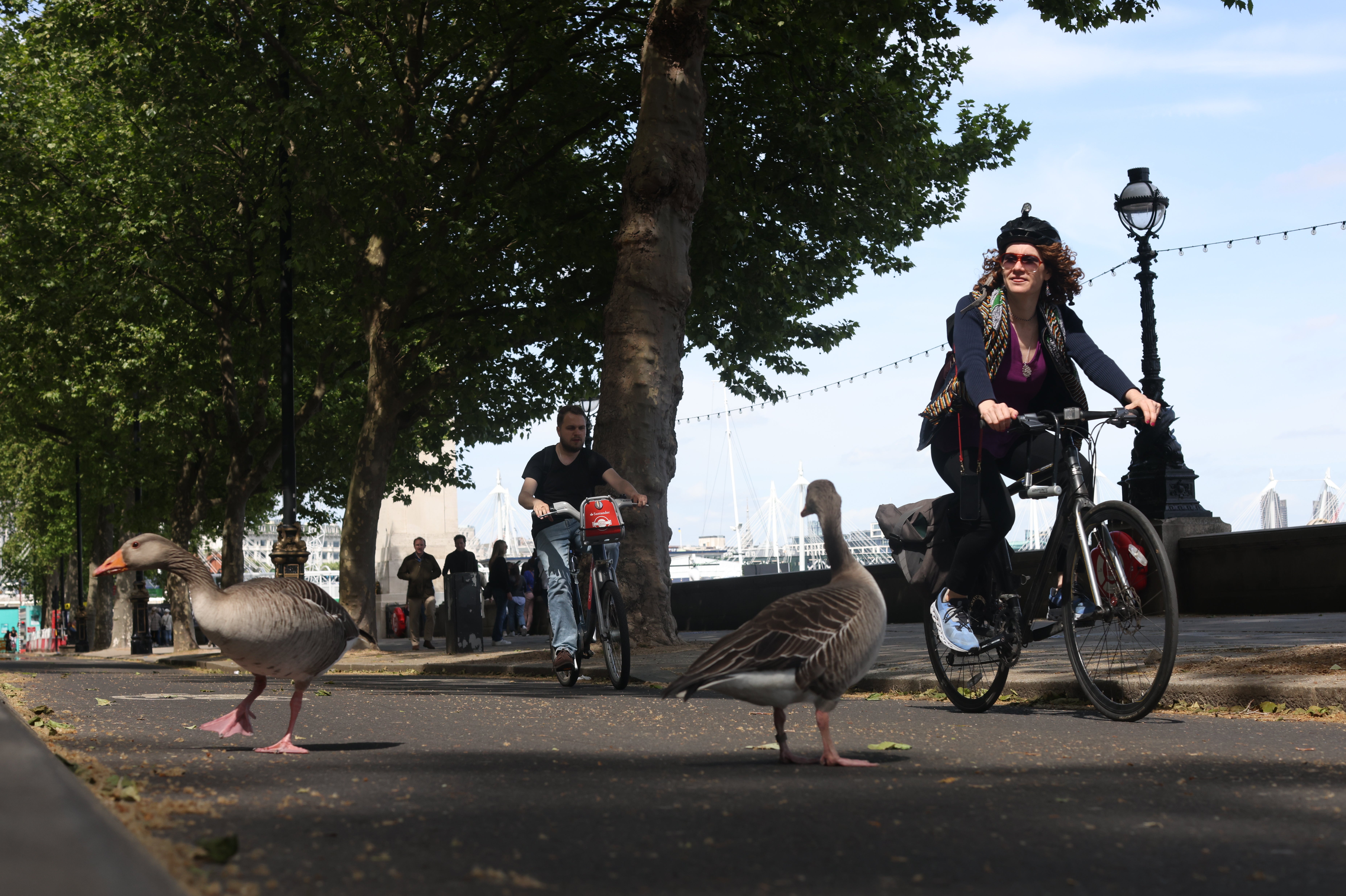 Cyclists enjoy the spring sunshine on Victoria Embankment in London (PA)