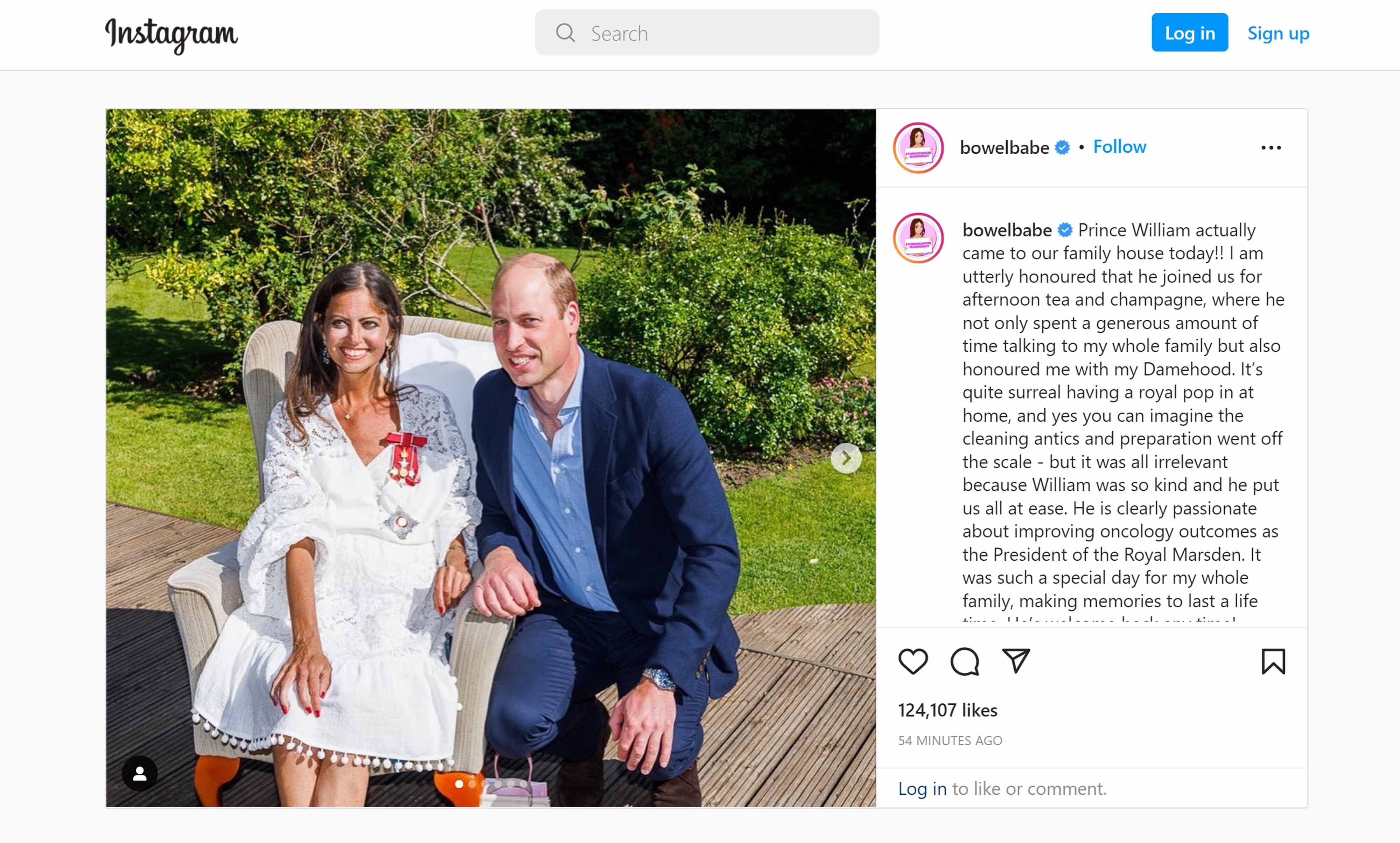 Screengrab taken from the Instagram feed of Deborah James/bowelbabe of the Duke of Cambridge at the family home of Deborah James earlier today to honour her with a damehood (Deborah James/PA)