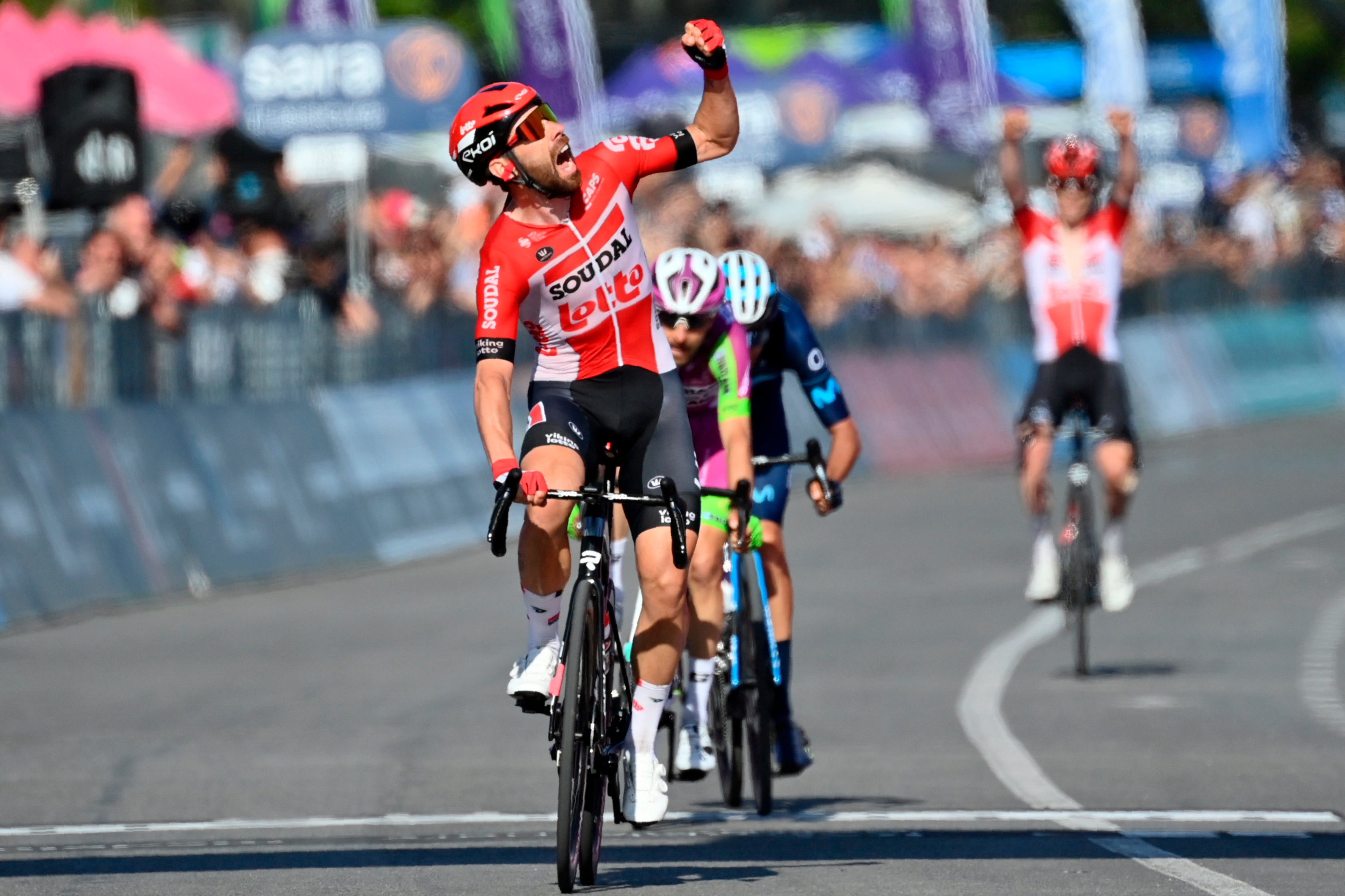 Thomas De Gendt celebrates his stage win (Massimo Paolone/AP/PA)