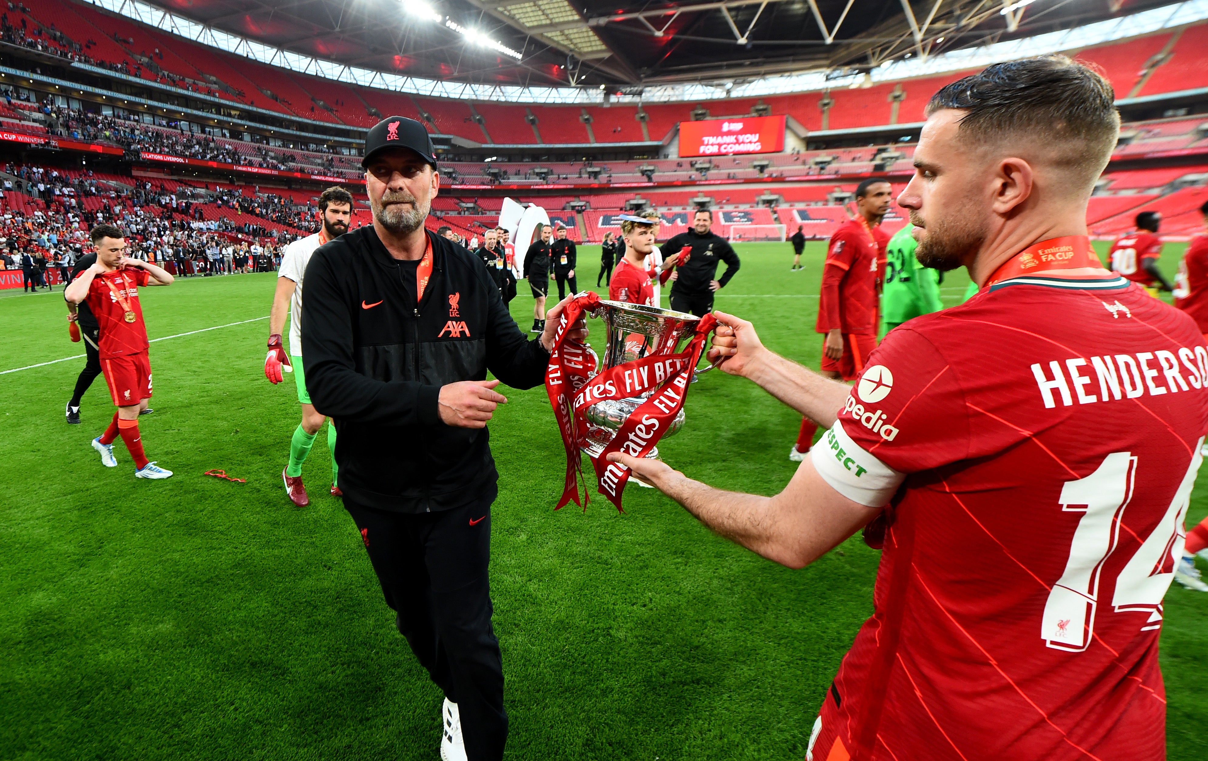 Jordan Henderson and Jurgen Klopp with the FA Cup at Wembley