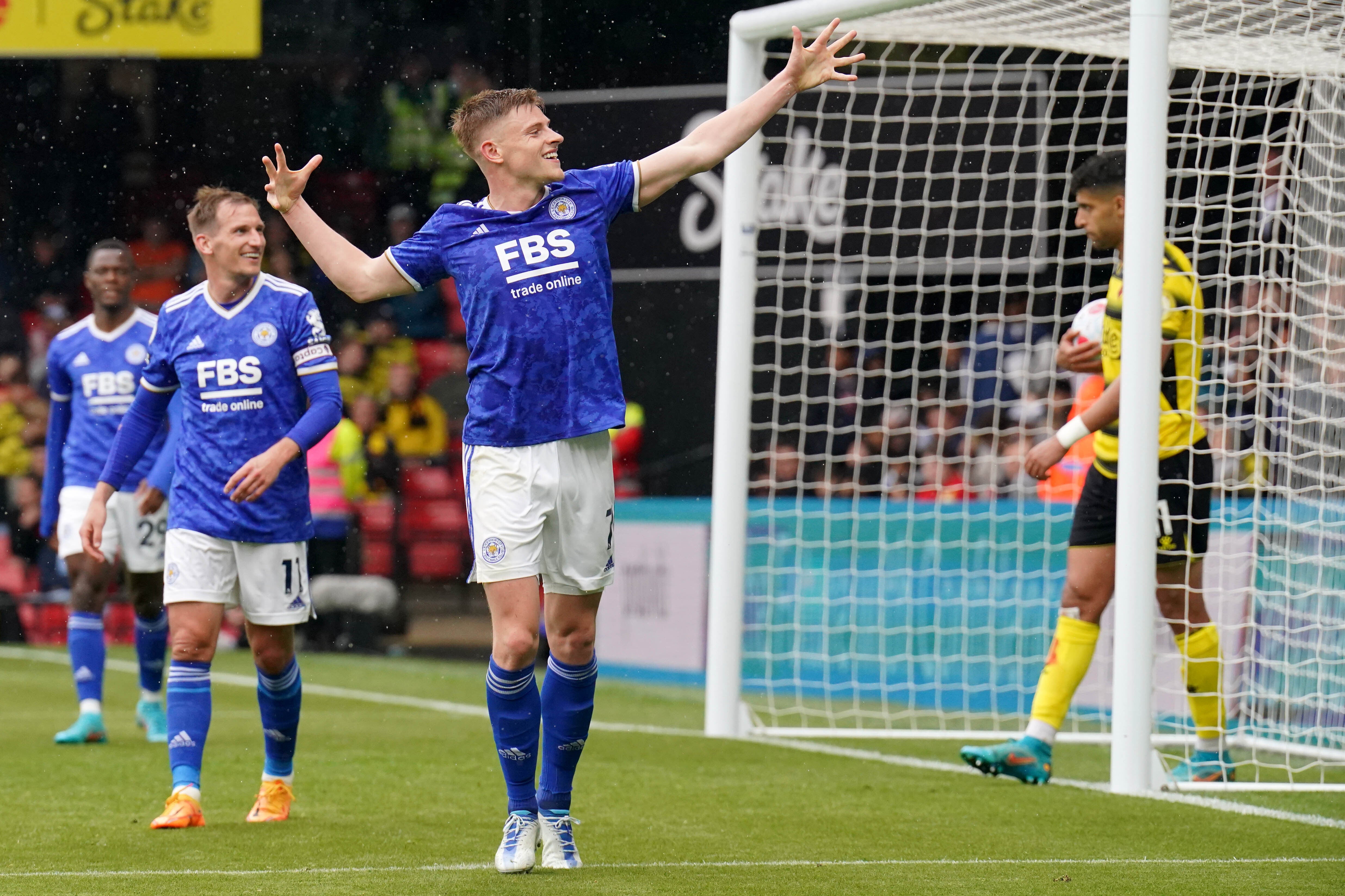 Harvey Barnes celebrated a brace for Leicester (Jonathan Brady/PA)