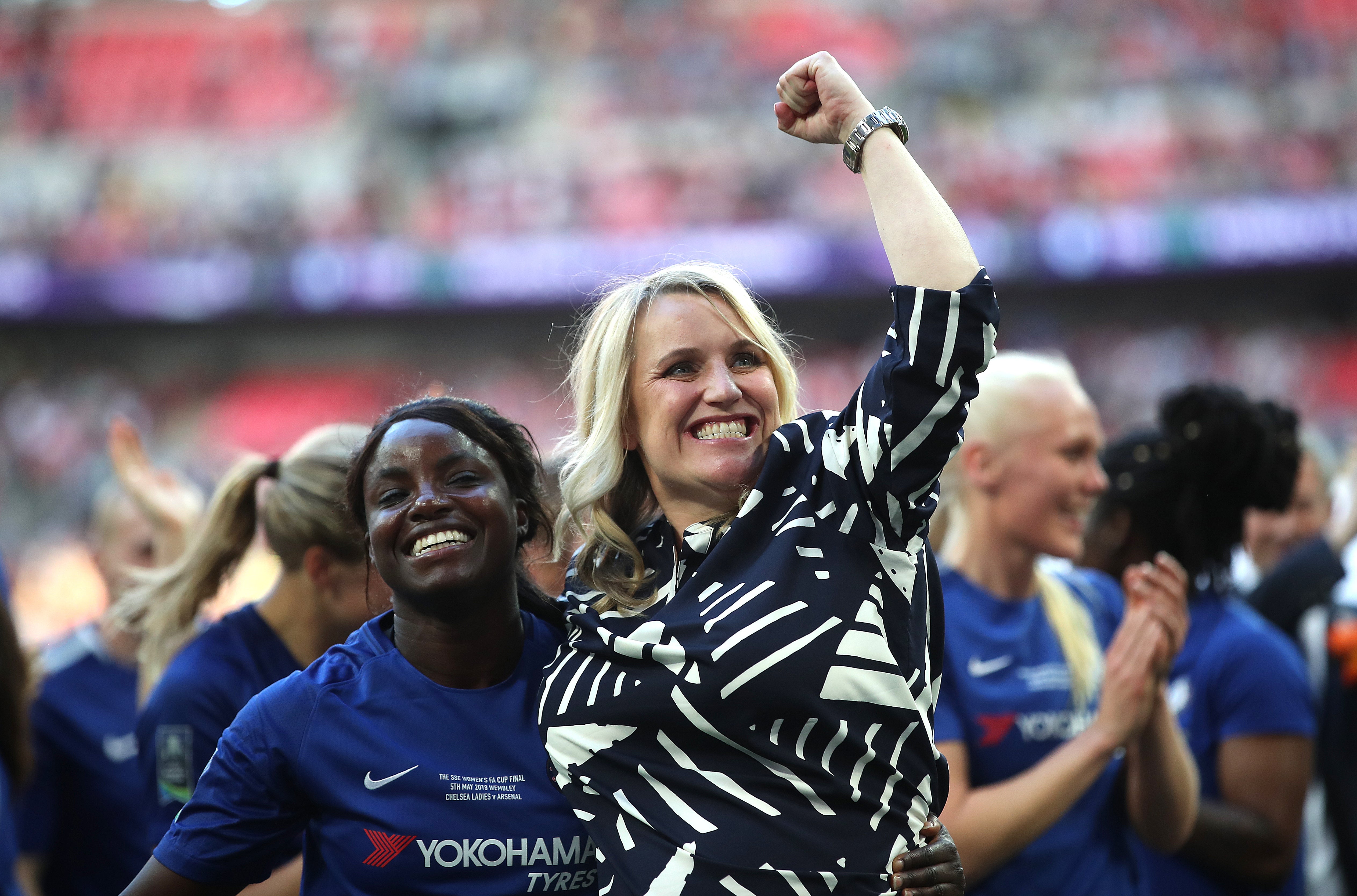 Emma Hayes and Eni Aluko celebrate Chelsea winning the 2018 Women’s FA Cup (Adam Davy/PA)