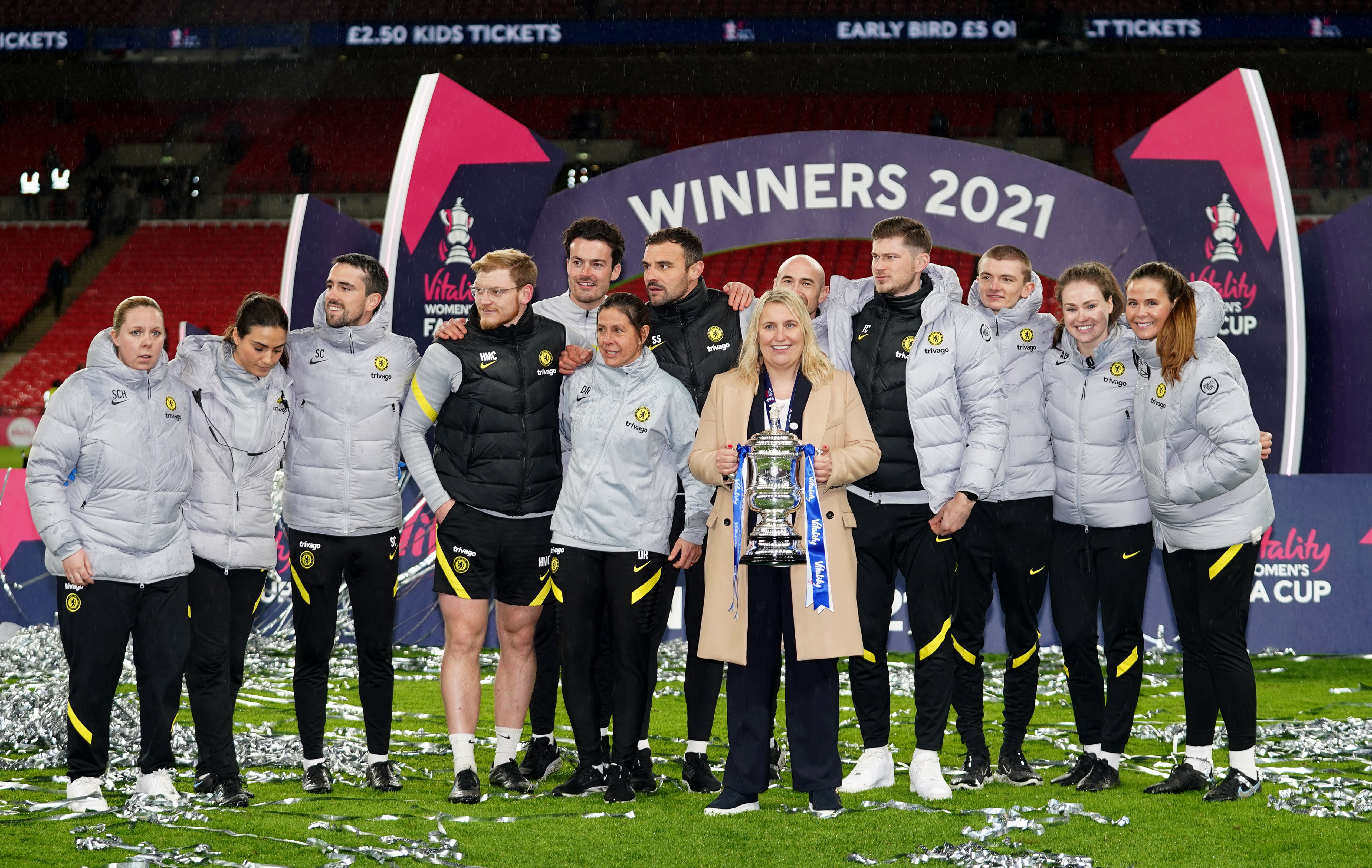 Emma Hayes and her backroom staff celebrate after winning the 2021 Women’s FA Cup (John Walton/PA)